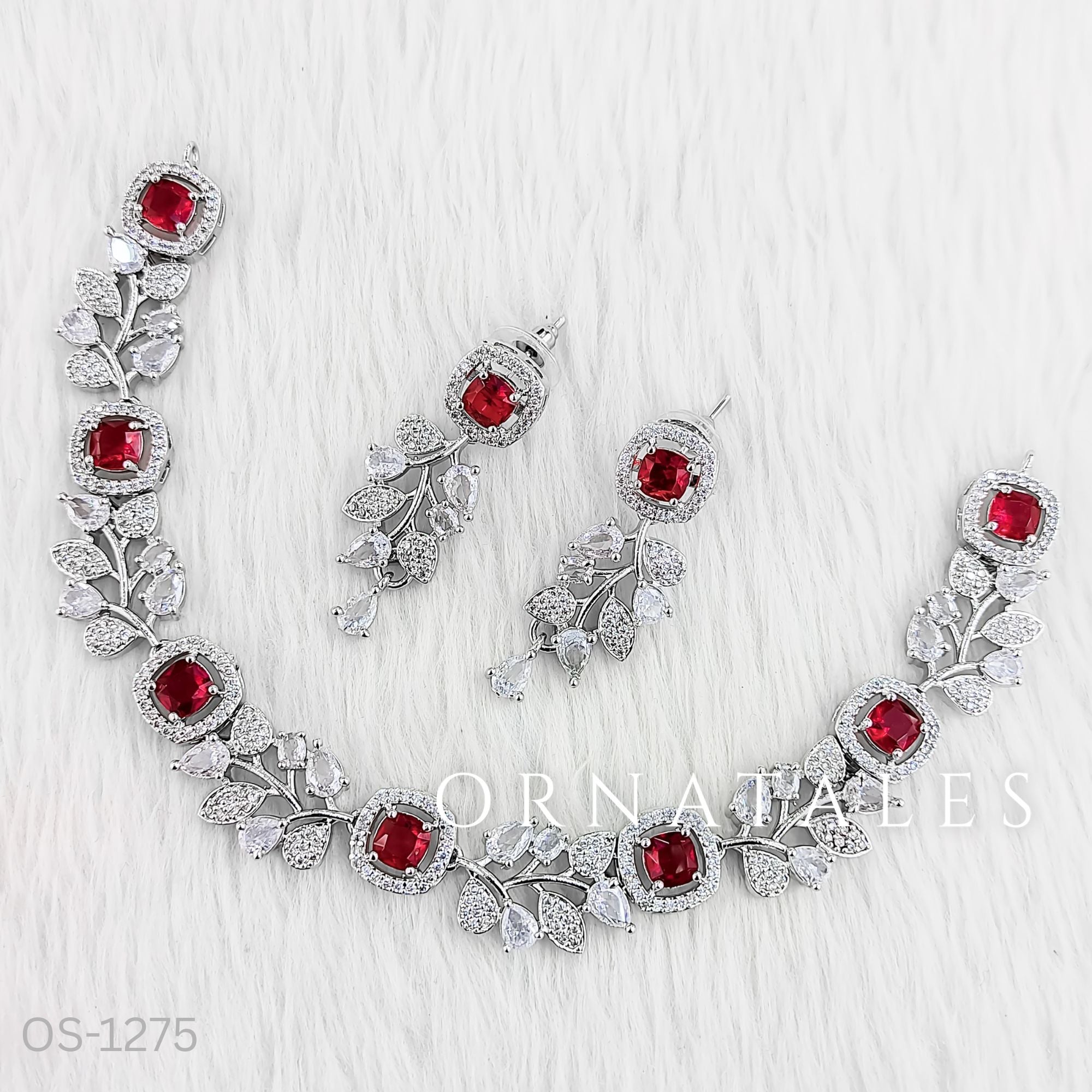Ruby Red Diamond Cut Necklace Set featuring Majestic Flora Square floral vine design with square-cut stones – Perfect for bridal look – Ornatales