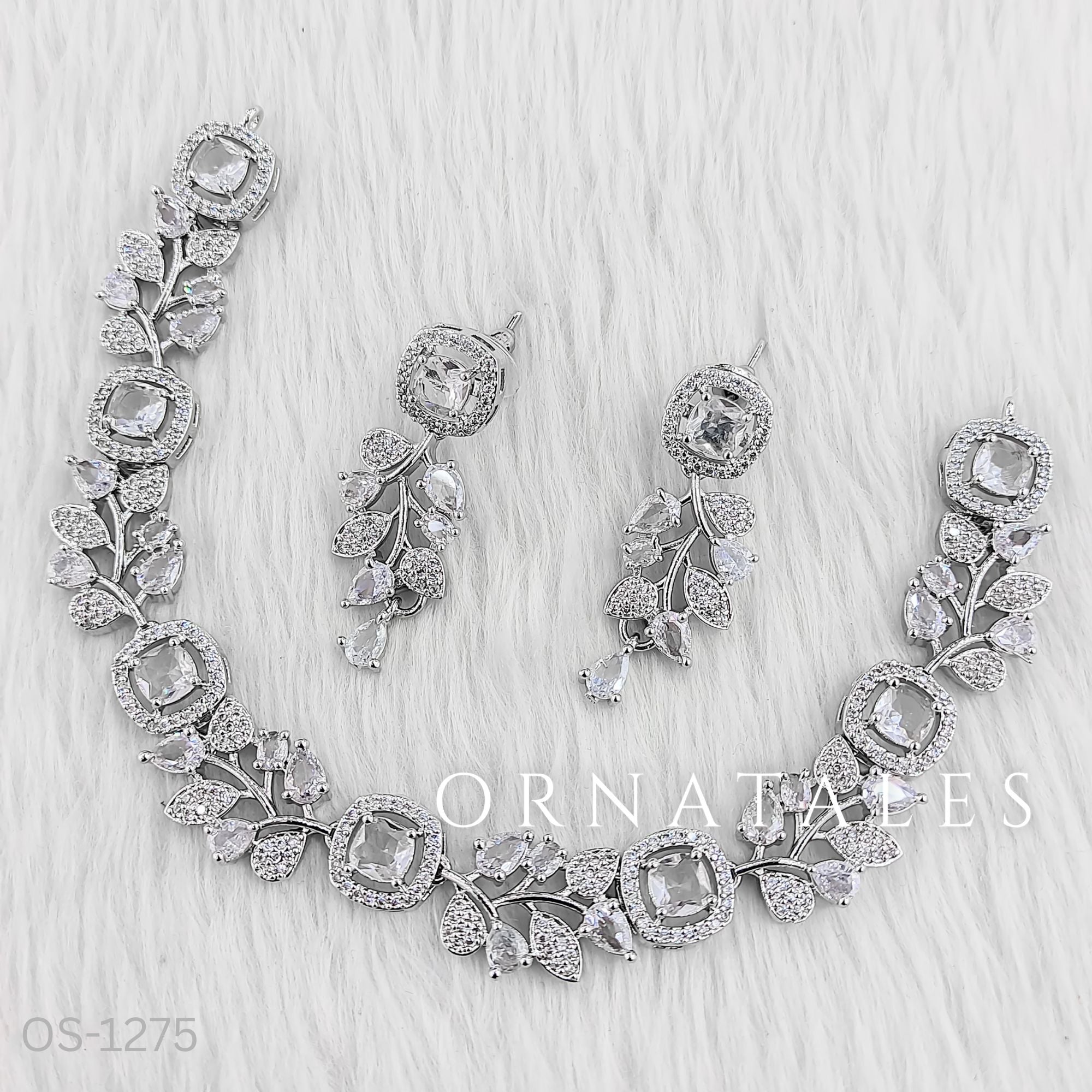 Crystal White Diamond Cut Necklace Set featuring Majestic Flora Square floral vine motifs with square-cut stones – Perfect for bridal wear – Ornatales