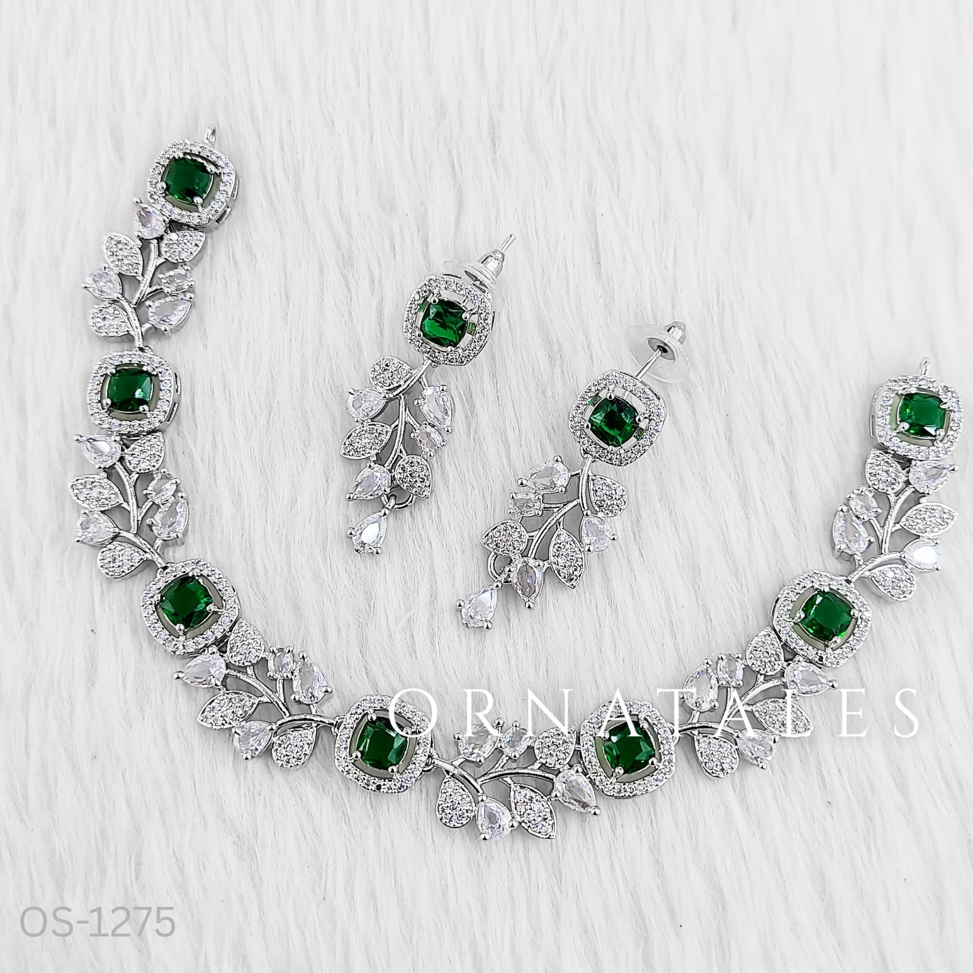 Emerald Green Diamond Cut Necklace Set featuring Majestic Flora Square floral vine motifs with square-cut stones – Royal bridal jewellery – Ornatales
