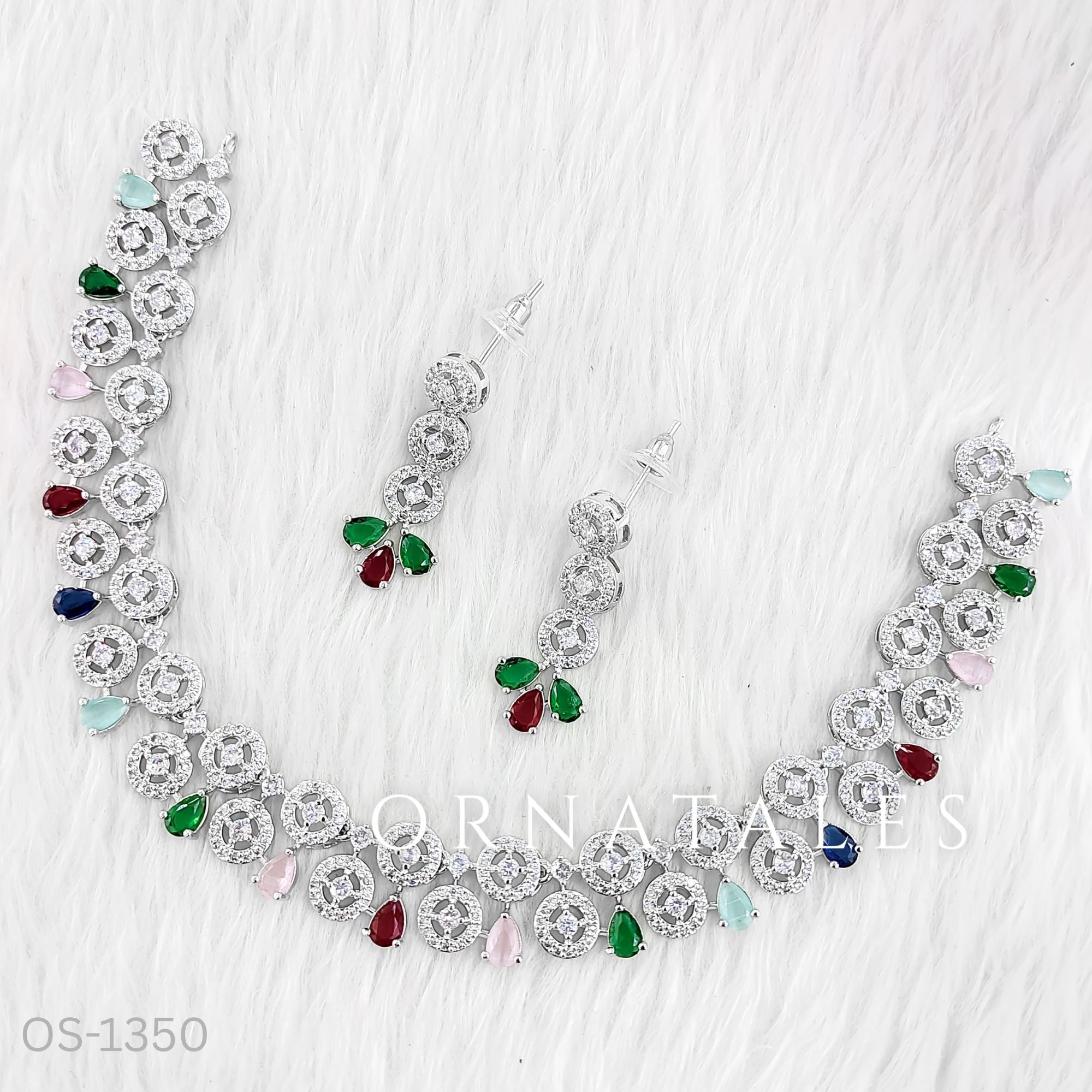 Multicolor Diamond Cut Necklace Set featuring floral teardrop cluster design with vibrant stones – perfect festive jewellery – Ornatales