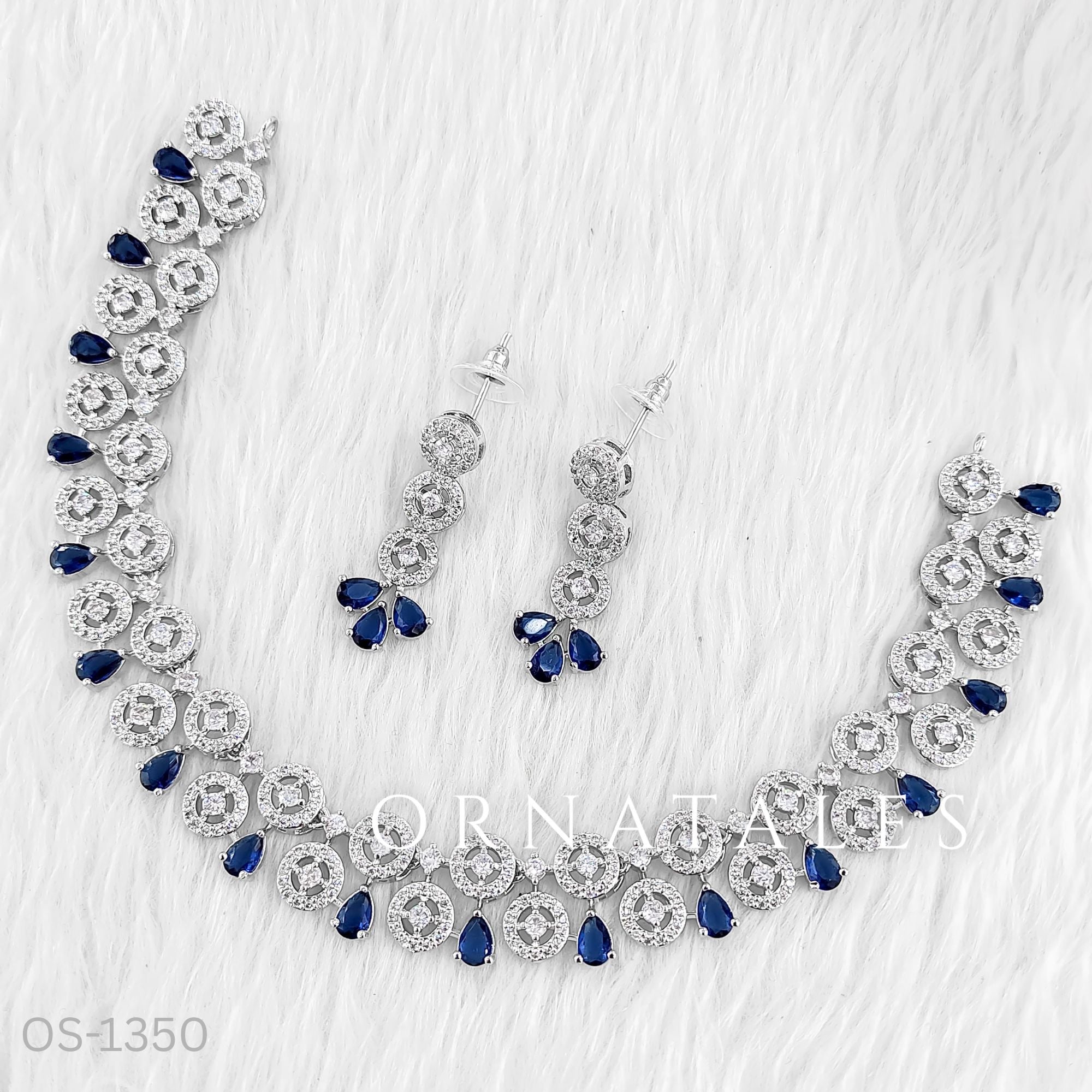 Royal Blue Diamond Cut Necklace Set featuring floral teardrop cluster design – bridal jewellery for weddings – Ornatales