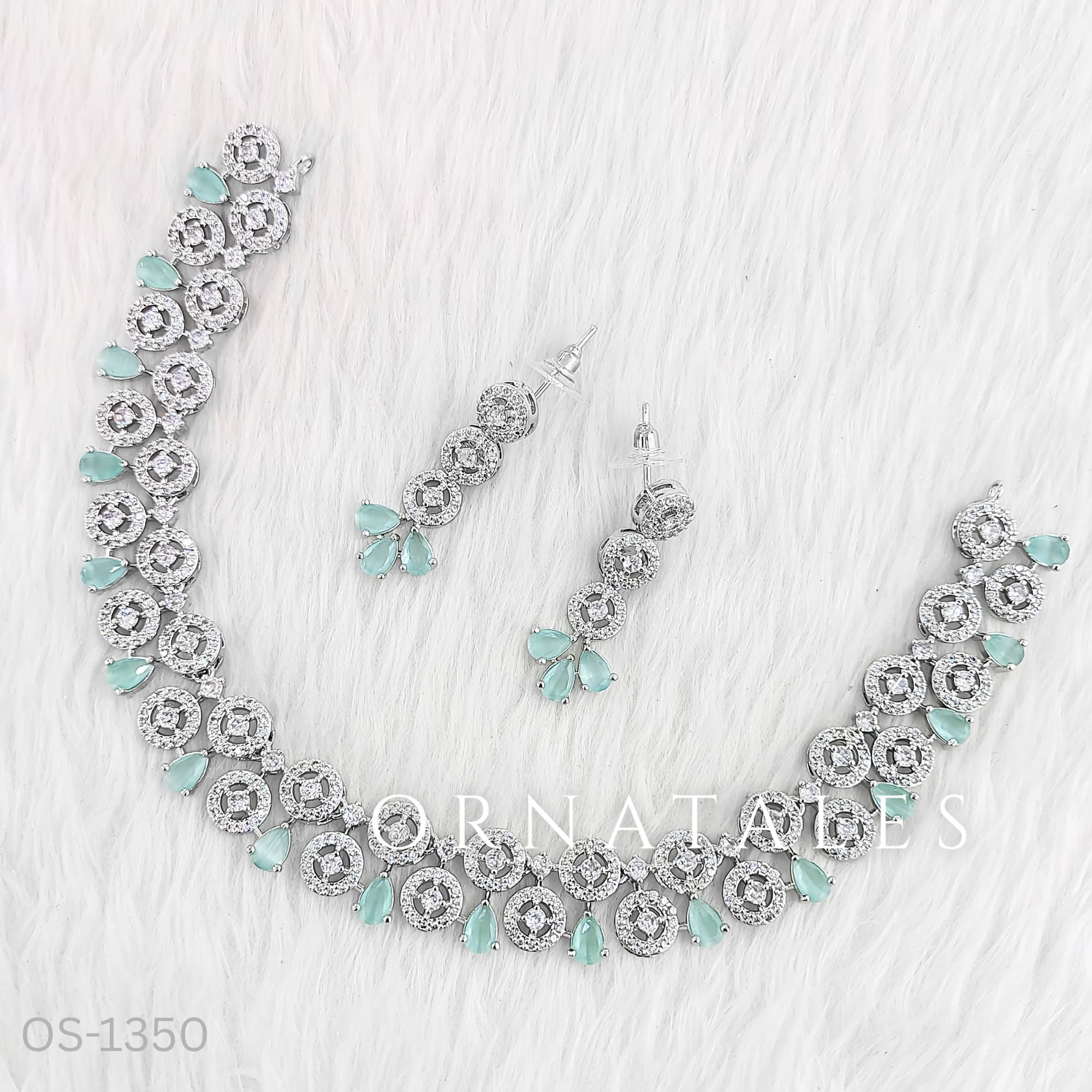 Mint Diamond Cut Necklace Set featuring Royal Bloom Teardrop Cluster design with floral motifs and teardrop stones – bridal jewellery – Ornatales