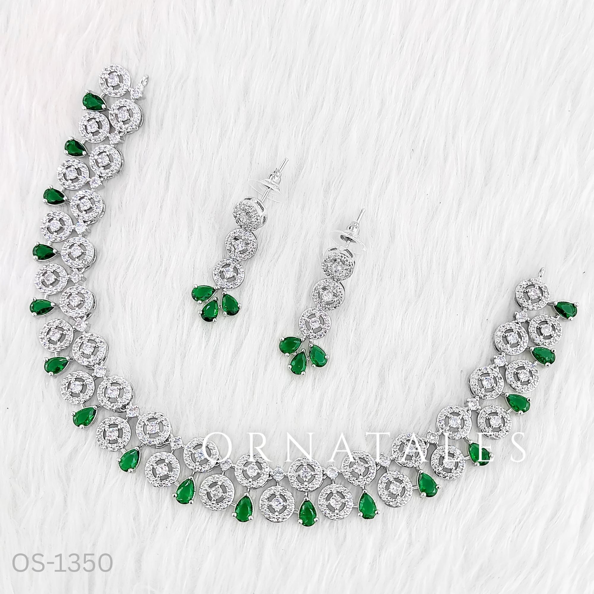 Emerald Green Diamond Cut Necklace Set featuring floral cluster and teardrop stones – elegant bridal jewellery – Ornatales