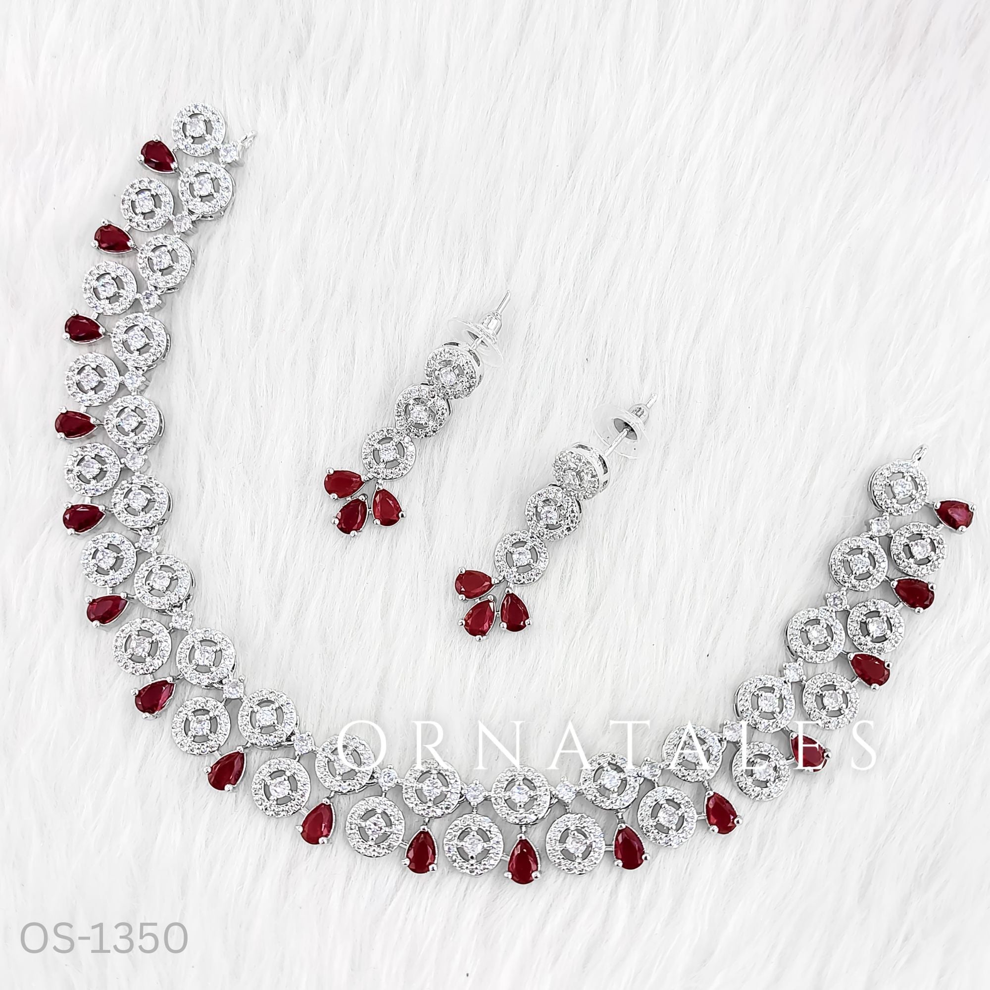 Ruby Red Diamond Cut Necklace Set featuring floral cluster design with teardrop stones – bridal jewellery for weddings – Ornatales