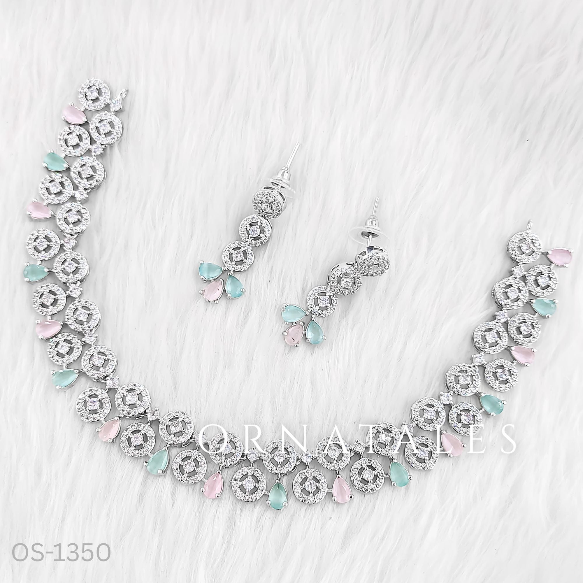 Mint Diamond Cut Necklace Set featuring Royal Bloom Teardrop Cluster design with floral motifs and teardrop stones – bridal jewellery – Ornatales