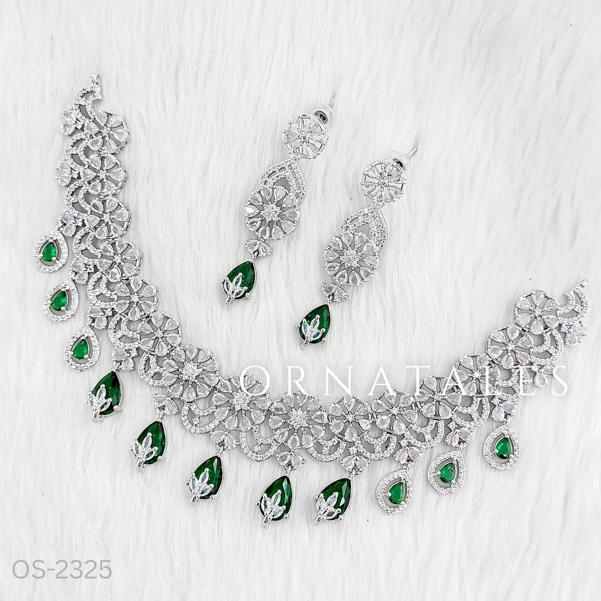 Emerald Green Diamond Cut Necklace Set with floral cascade and teardrop stones – bridal & festive jewellery – Ornatales