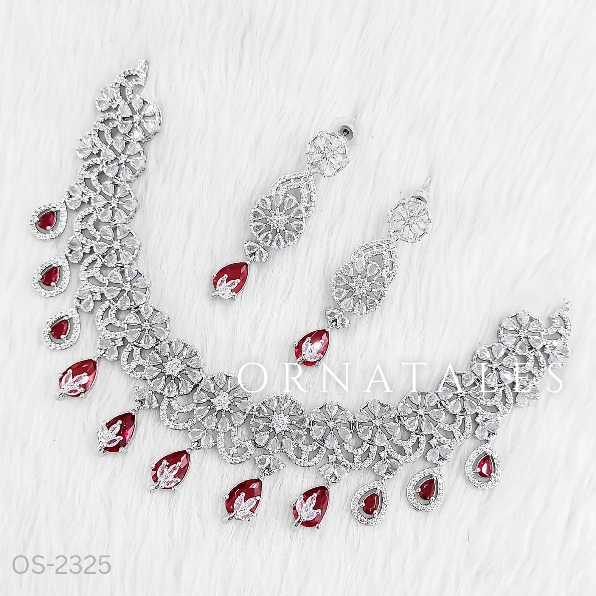 Ruby Red Diamond Cut Necklace Set featuring floral cascade and teardrop stones – bridal jewellery for weddings – Ornatales
