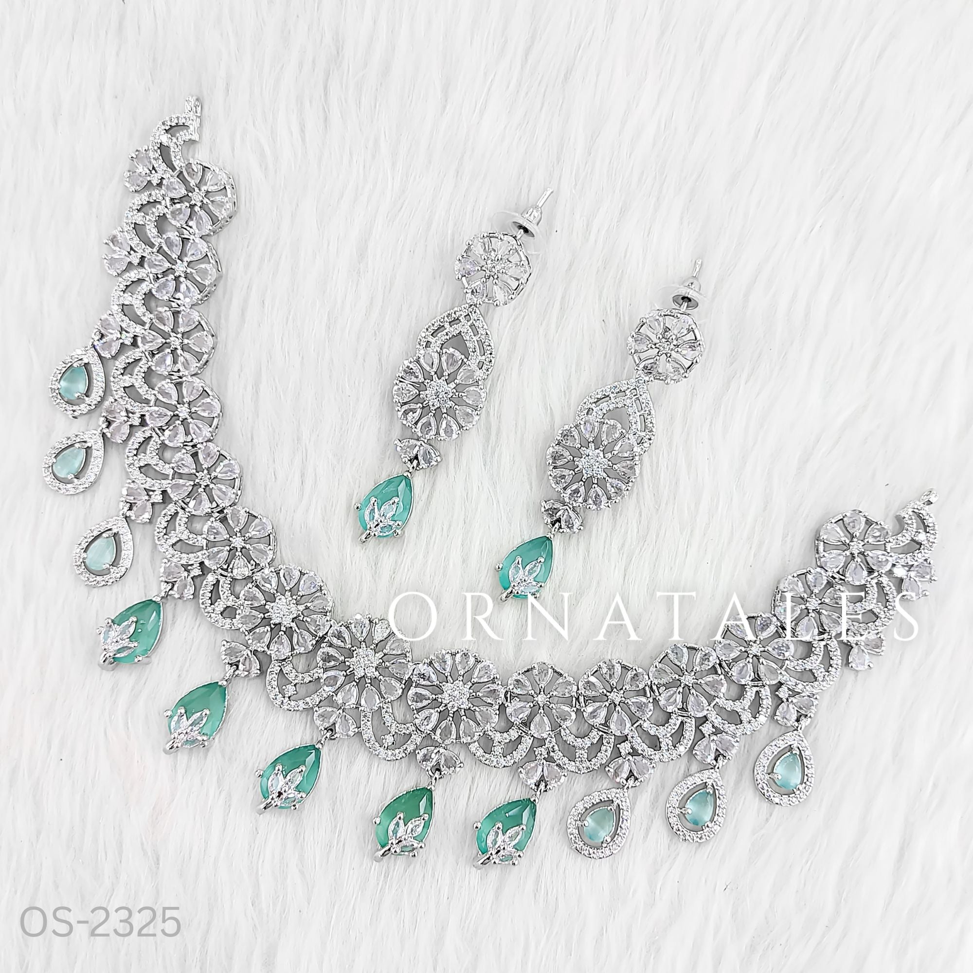 Mint Diamond Cut Necklace Set with floral cascade and teardrop stones – bridal & festive jewellery – Ornatales

