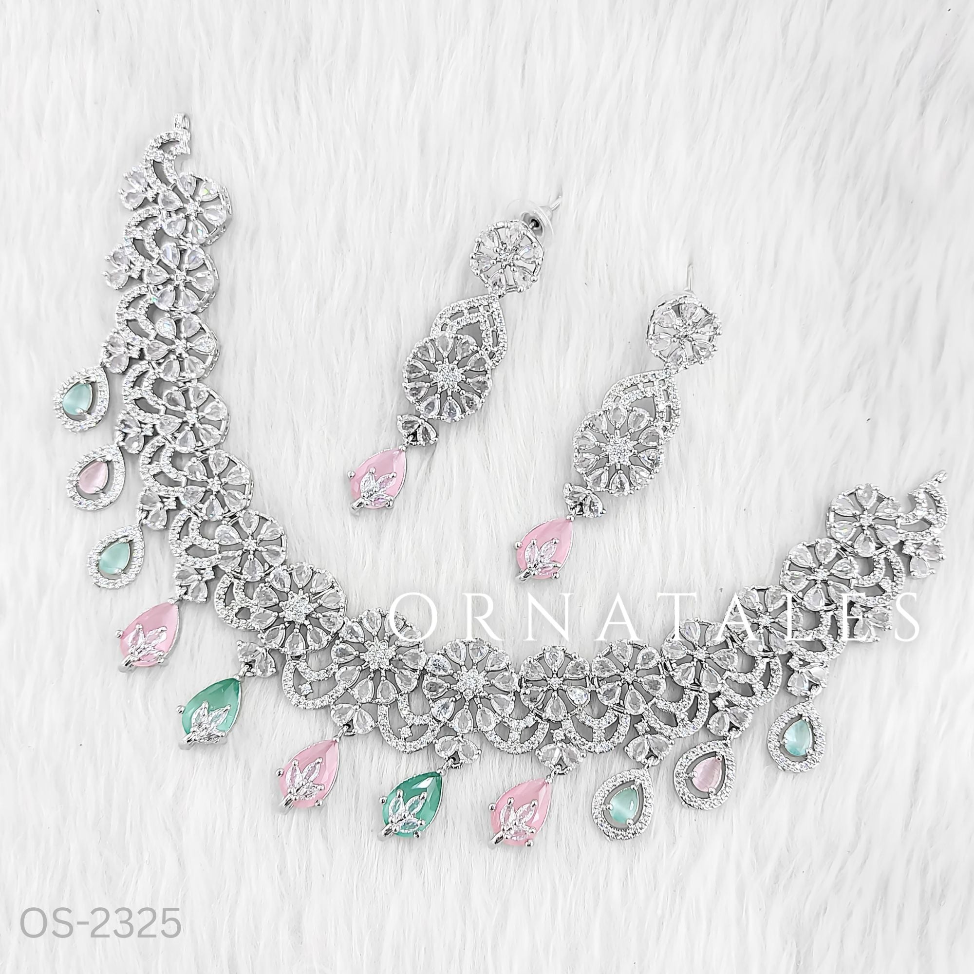 Pink & Mint Diamond Cut Necklace Set with floral cascade and teardrop stones – bridal & festive jewellery – Ornatales
