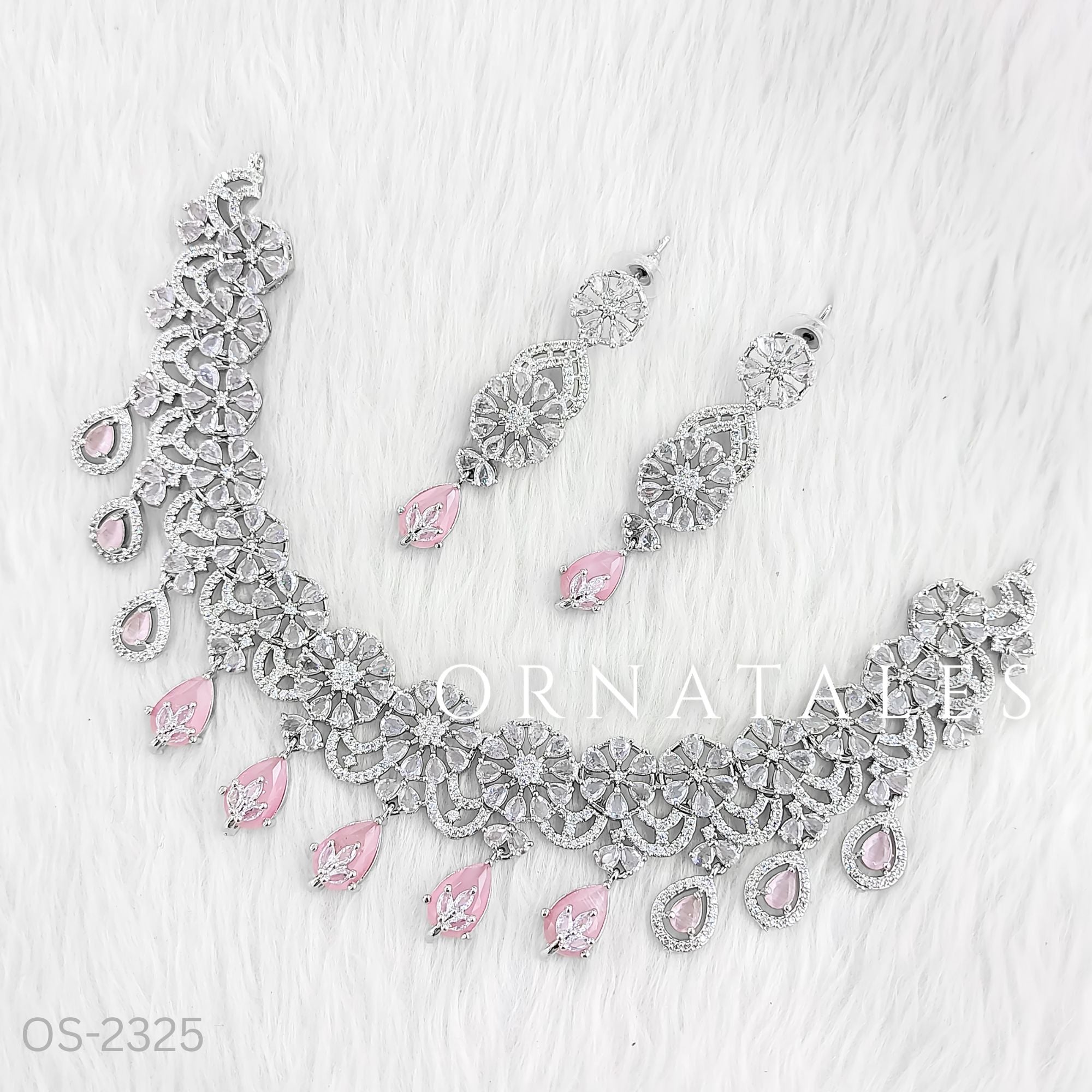 Pink Diamond Cut Necklace Set featuring floral cascade and teardrop stones – bridal & festive jewellery – Ornatales