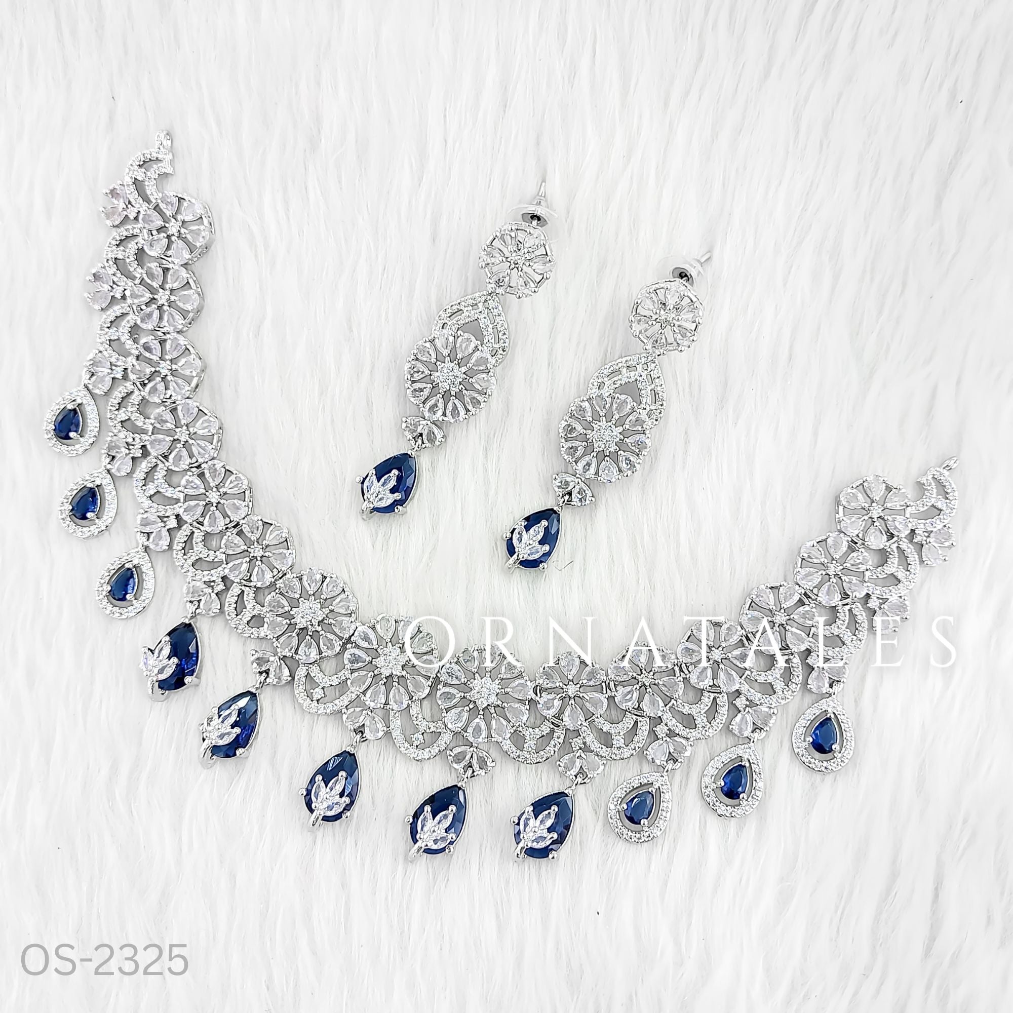 Royal Blue Diamond Cut Necklace Set with floral cascade and teardrop stones – bridal & festive jewellery – Ornatales