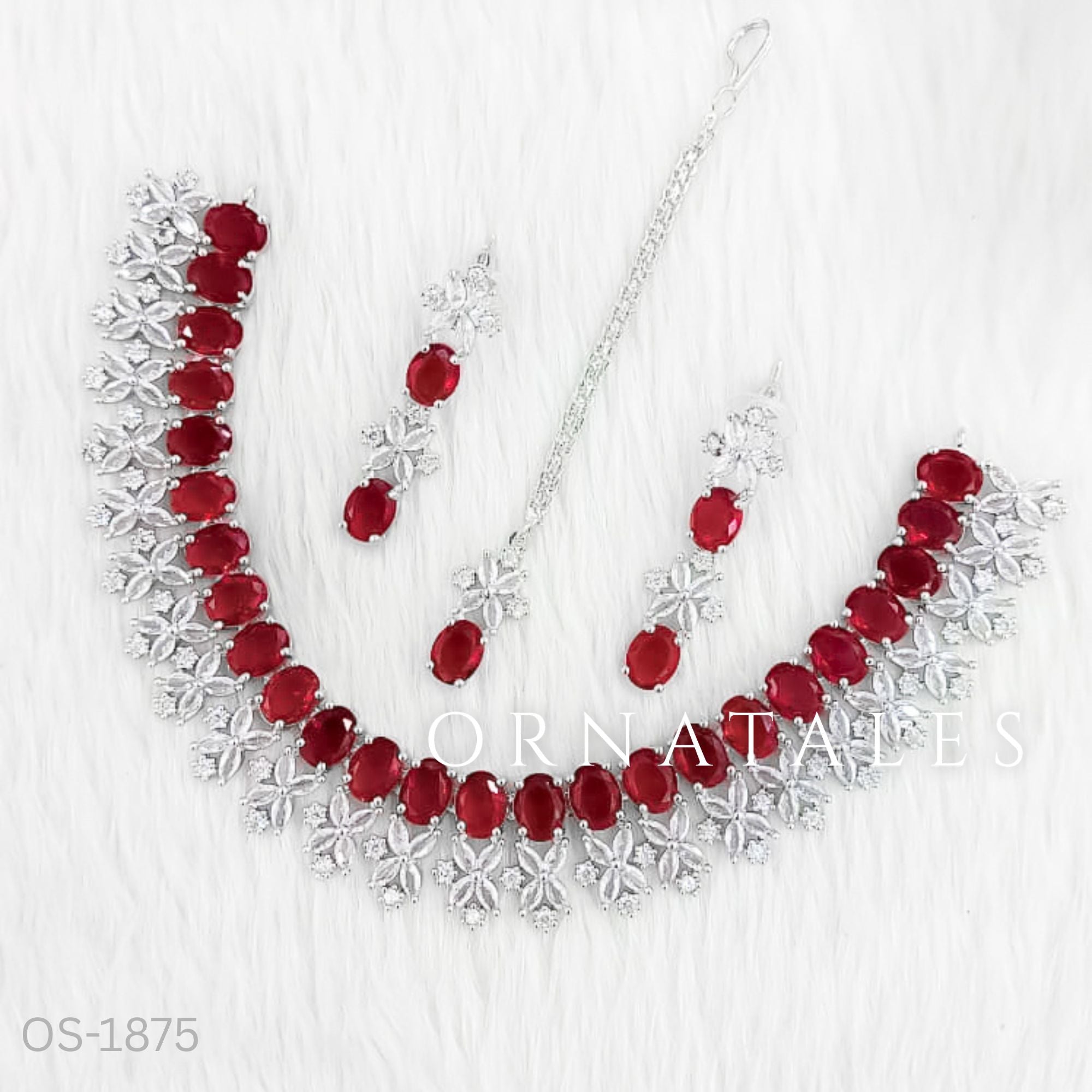 Ruby Red Diamond Cut Necklace Set with petal cluster design, matching earrings & tikli – bridal & festive jewellery – Ornatales