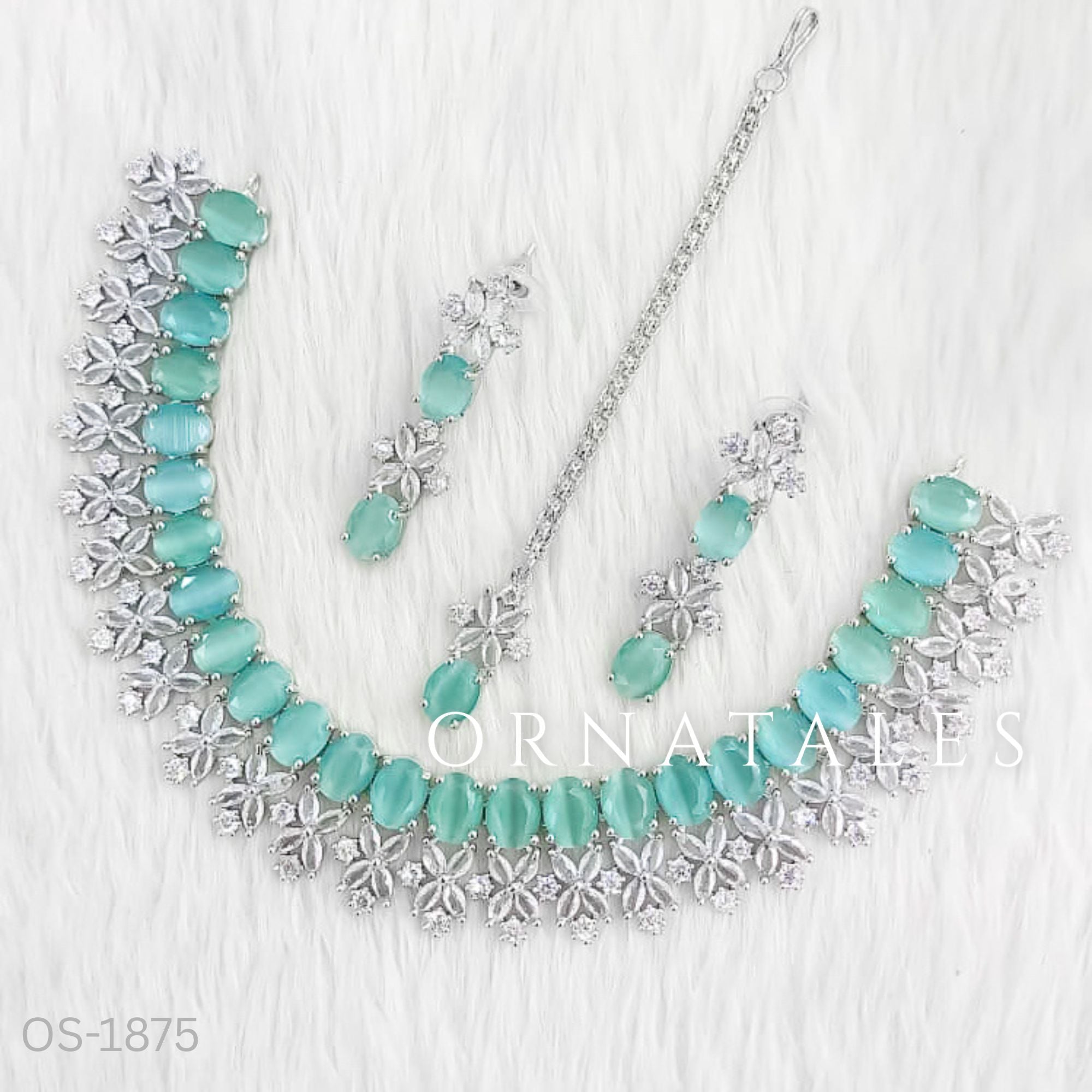 Mint Diamond Cut Necklace Set with petal cluster design, matching earrings & tikli – bridal & festive jewellery – Ornatales