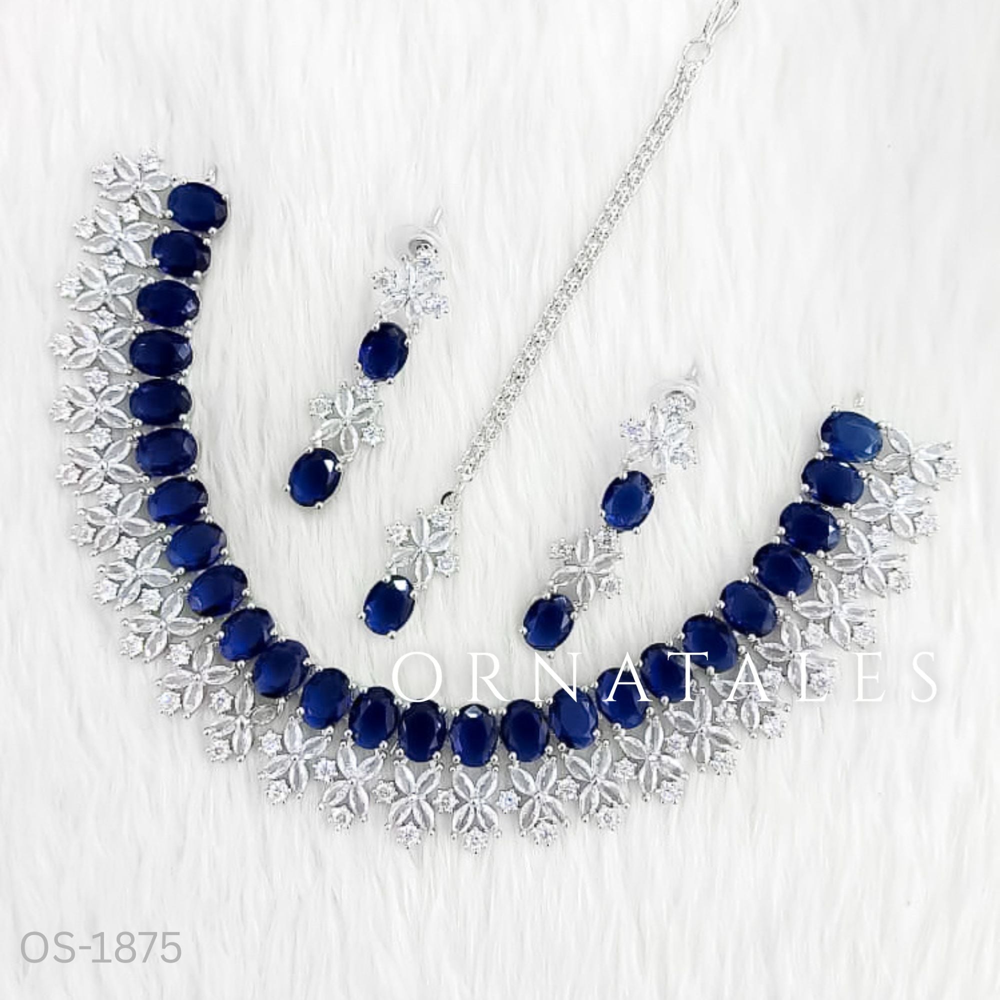 Royal Blue Diamond Cut Necklace Set featuring petal cluster design with earrings & tikli – bridal & festive jewellery – Ornatales
