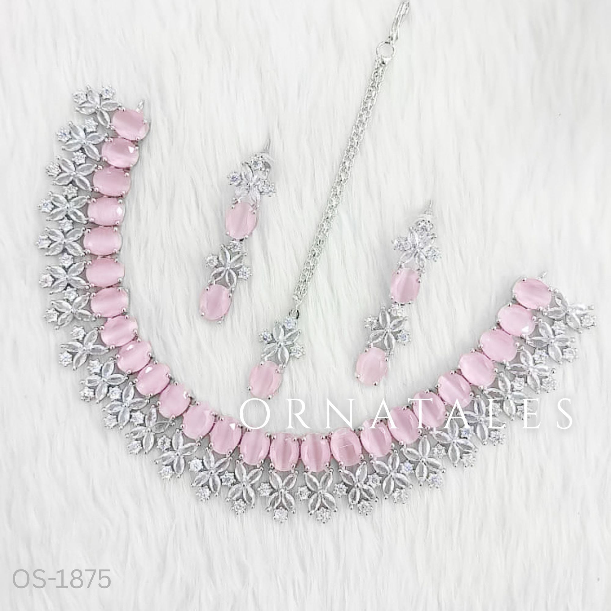 Pink Diamond Cut Necklace Set with petal cluster design, matching earrings & tikli – bridal & festive jewellery – Ornatales
