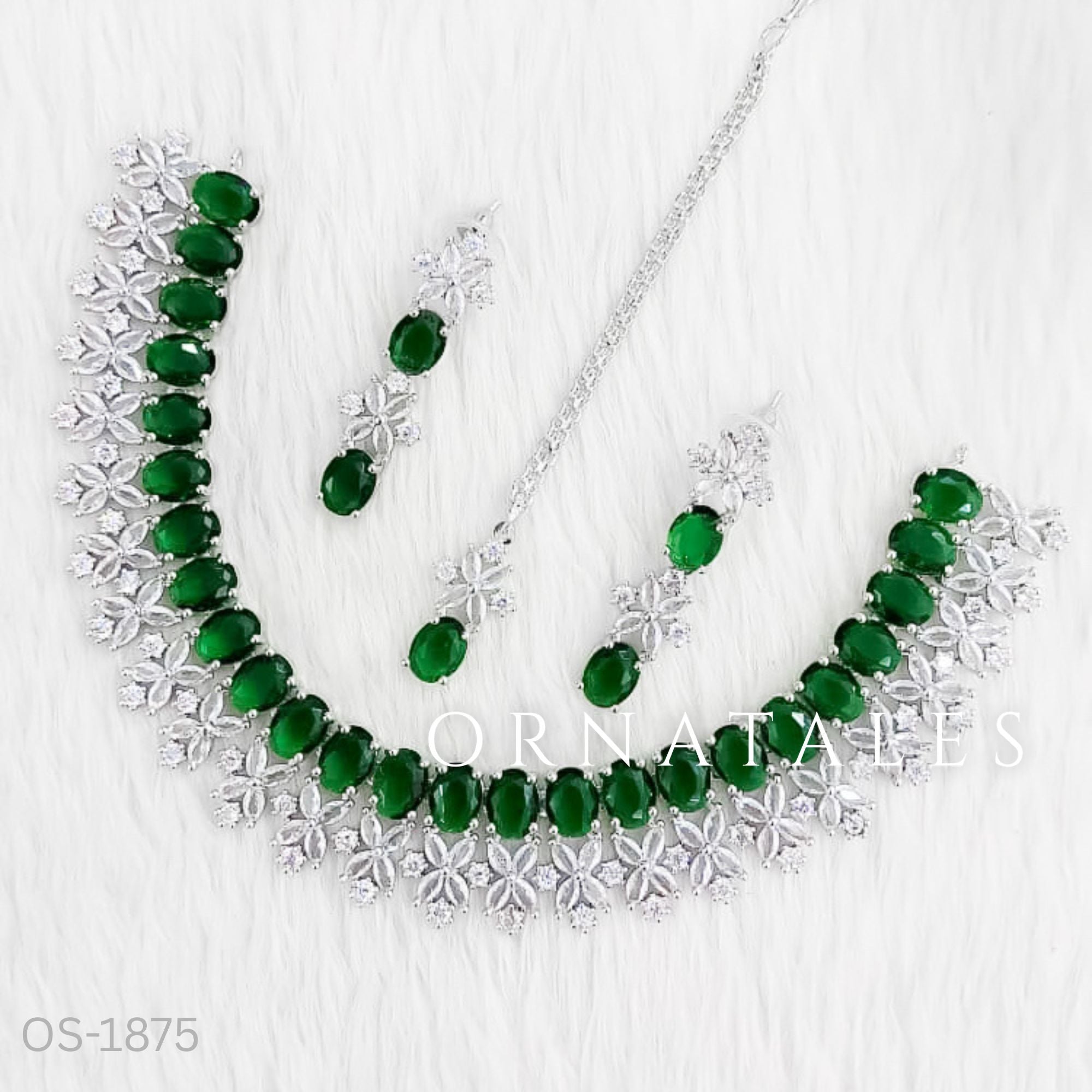 Emerald Green Diamond Cut Necklace Set with petal cluster design, matching earrings & tikli – bridal & festive jewellery – Ornatales