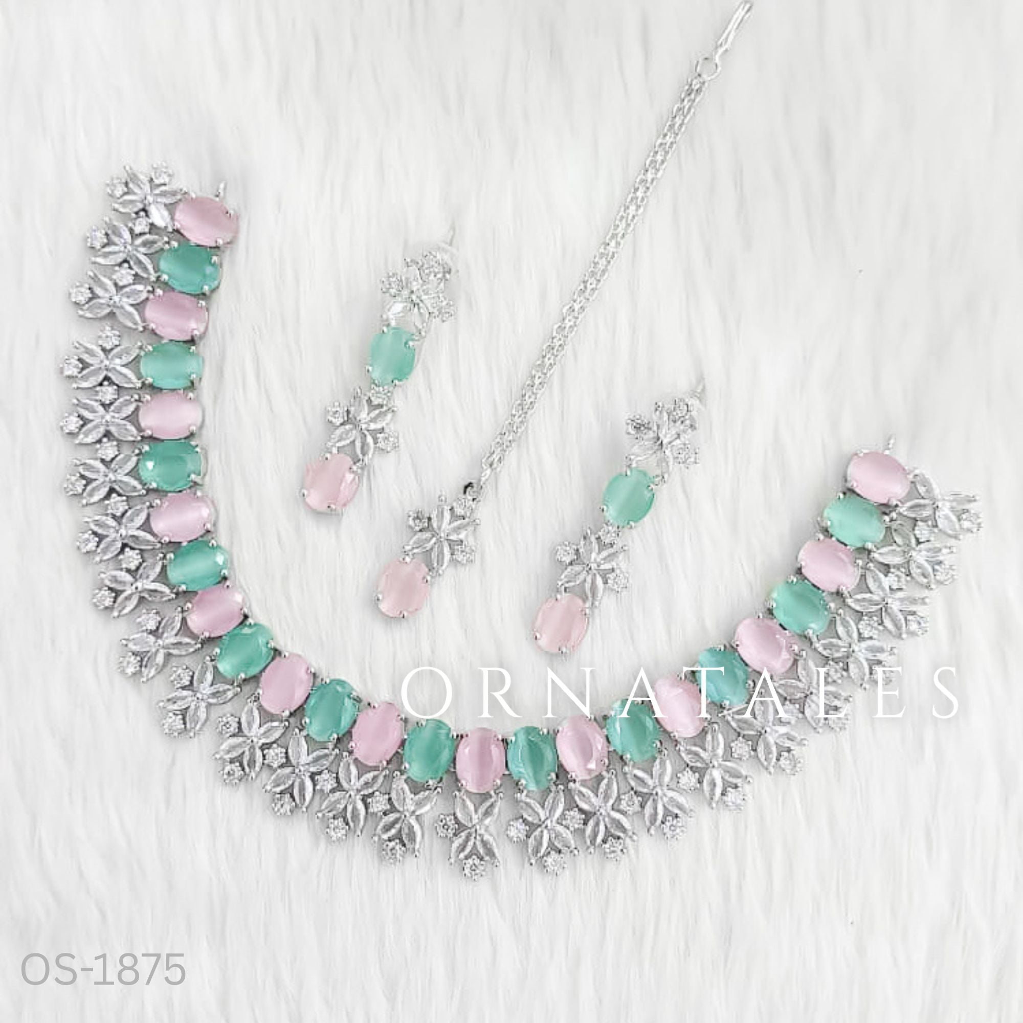Pink & Mint Diamond Cut Necklace Set with petal cluster design, matching earrings & tikli – bridal & festive jewellery – Ornatales