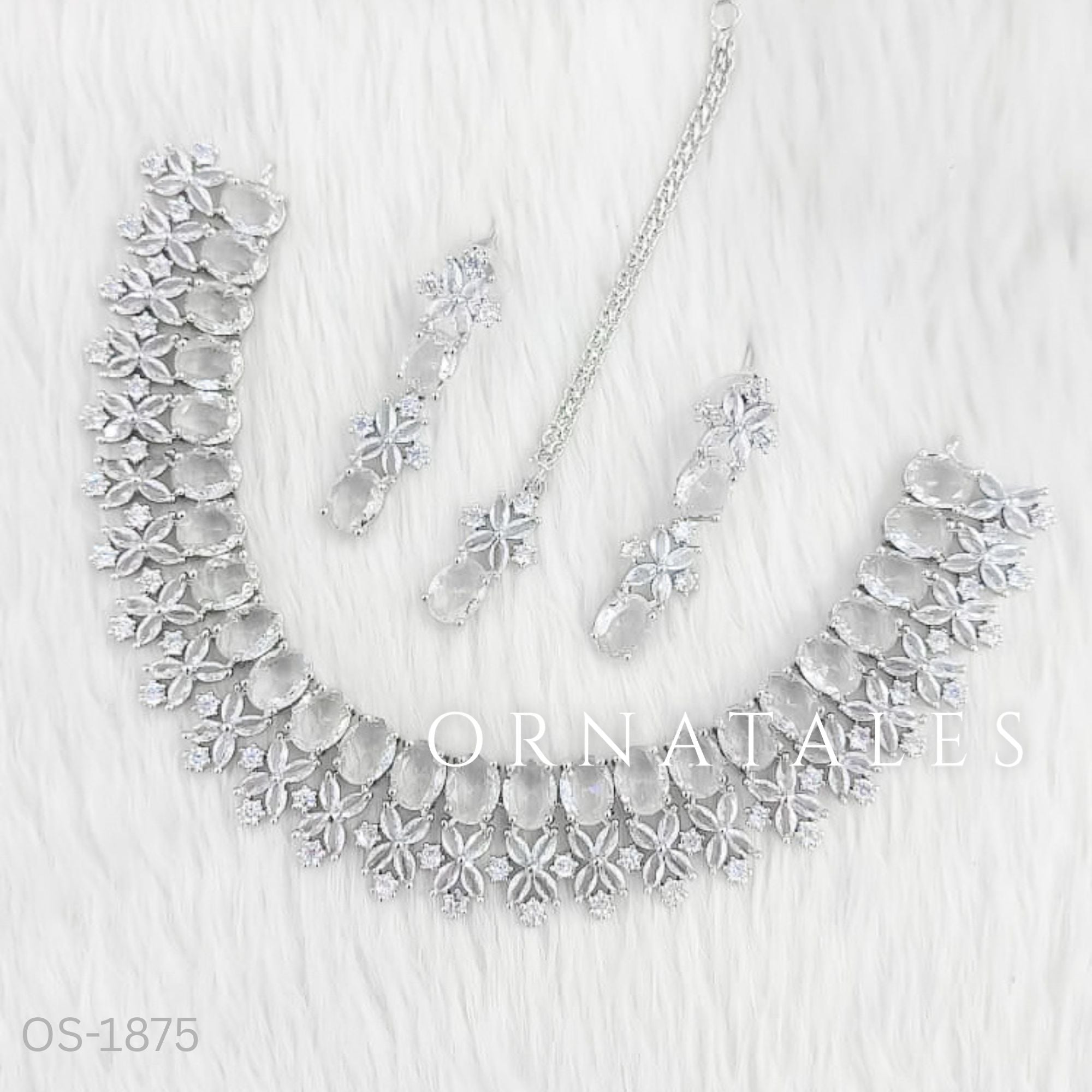 Crystal White Diamond Cut Necklace Set with petal cluster design, matching earrings & tikli – bridal & festive jewellery – Ornatales