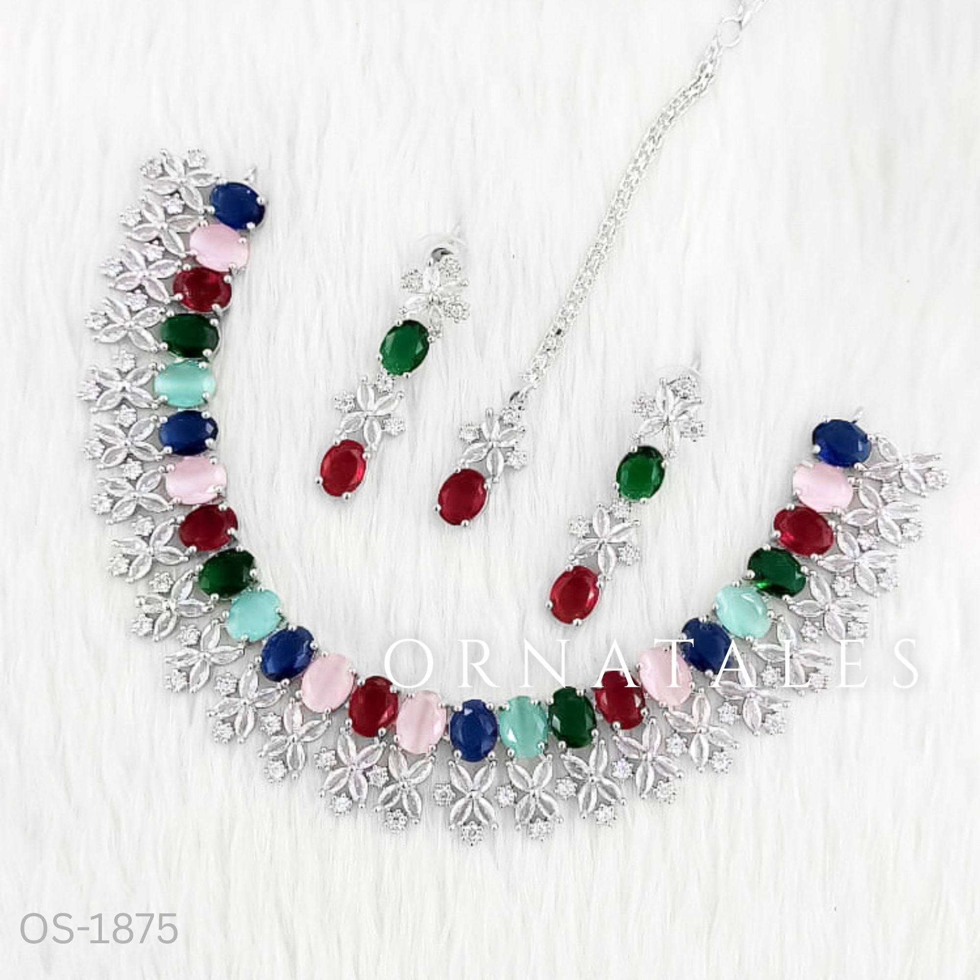 Multicolor Diamond Cut Necklace Set with petal cluster design, matching earrings & tikli – bridal & festive jewellery – Ornatales