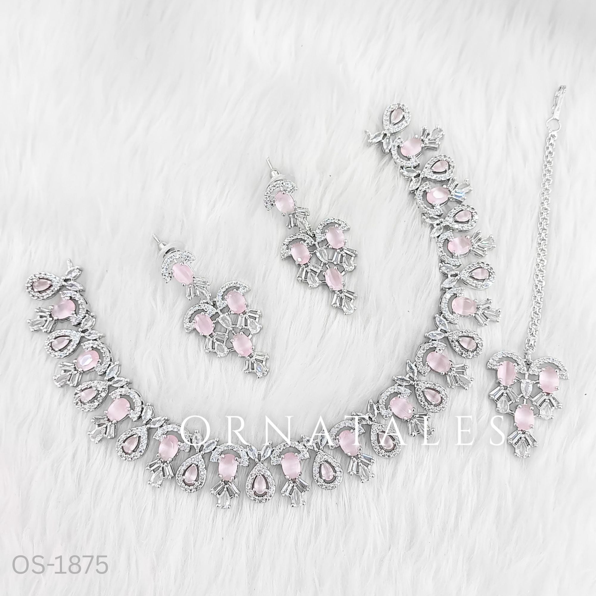 Pink Diamond Cut Bridal Necklace Set with oval cluster design, matching earrings & tikli – festive & wedding jewellery – Ornatales