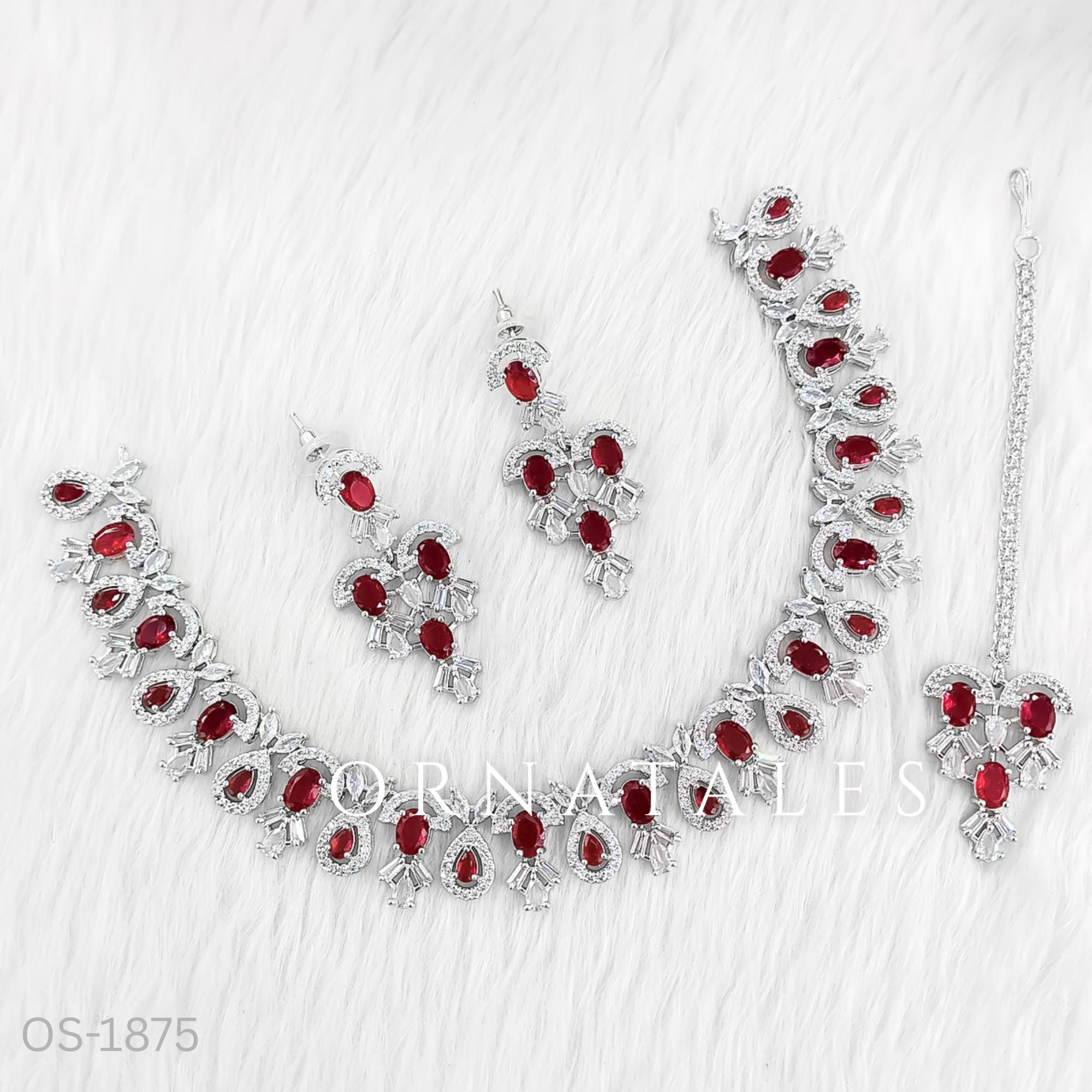 Ruby Red Diamond Cut Bridal Necklace Set with oval cluster design, matching earrings & tikli – festive & wedding jewellery – Ornatales