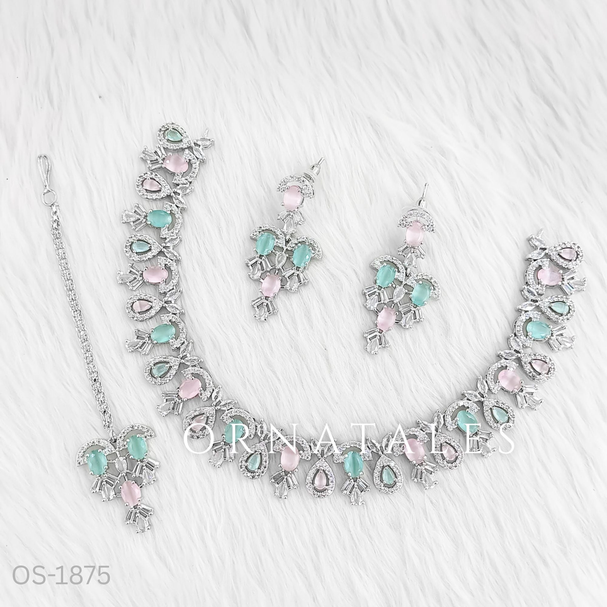 Pink & Mint Diamond Cut Bridal Necklace Set with oval cluster design, matching earrings & tikli – festive & wedding jewellery – Ornatales