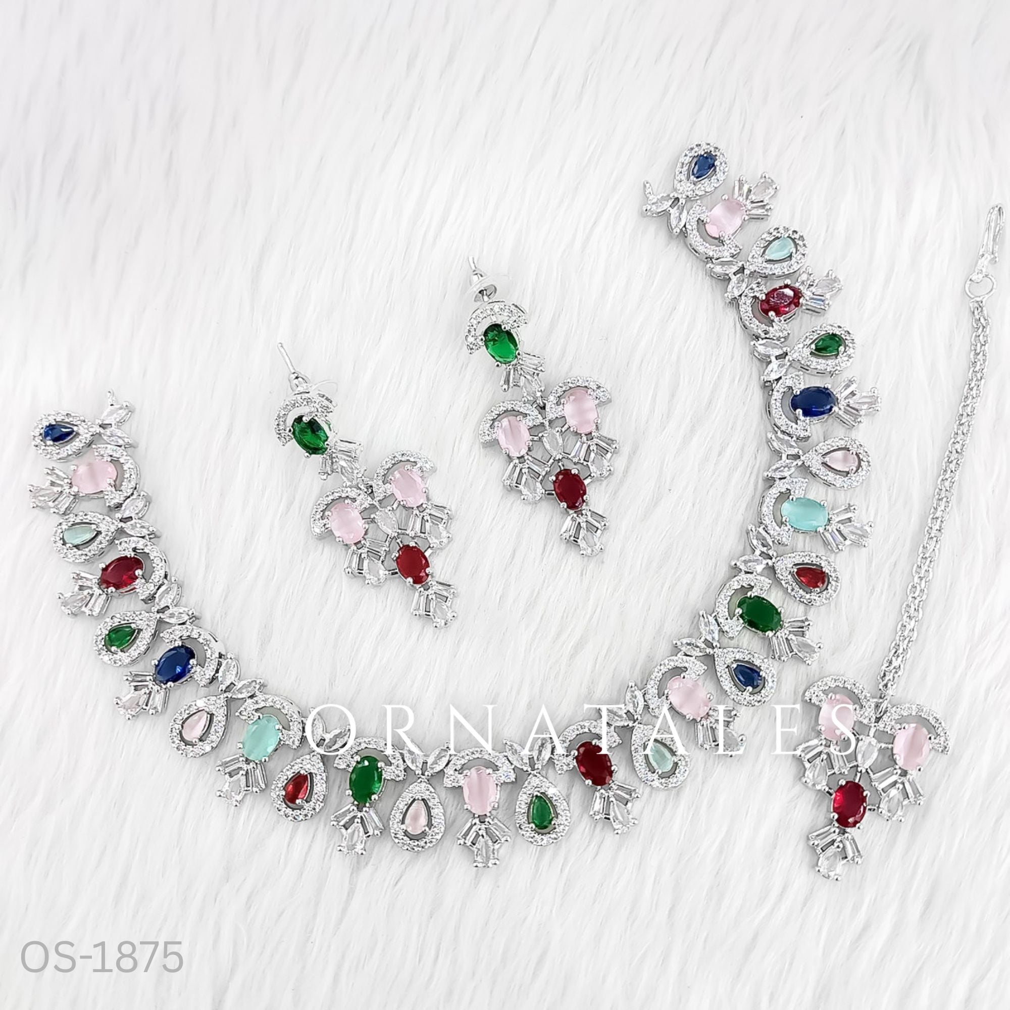 Multicolor Diamond Cut Bridal Necklace Set with oval cluster design, matching earrings & tikli – festive & wedding jewellery – Ornatales