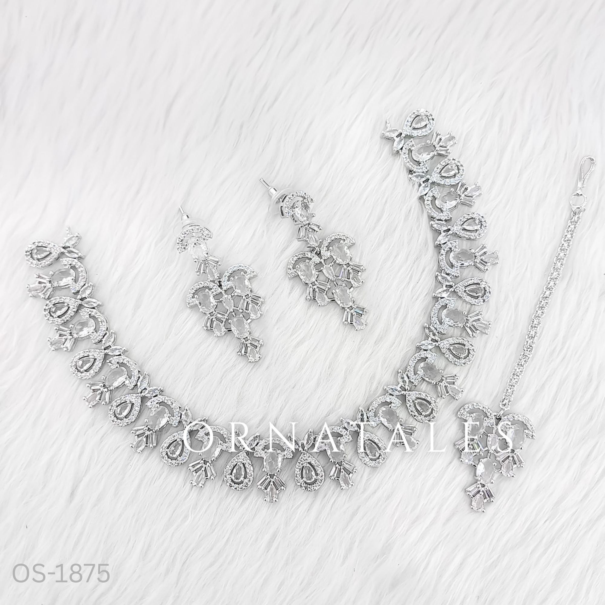 Crystal White Diamond Cut Bridal Necklace Set with oval cluster design, matching earrings & tikli – festive & wedding jewellery – Ornatales
