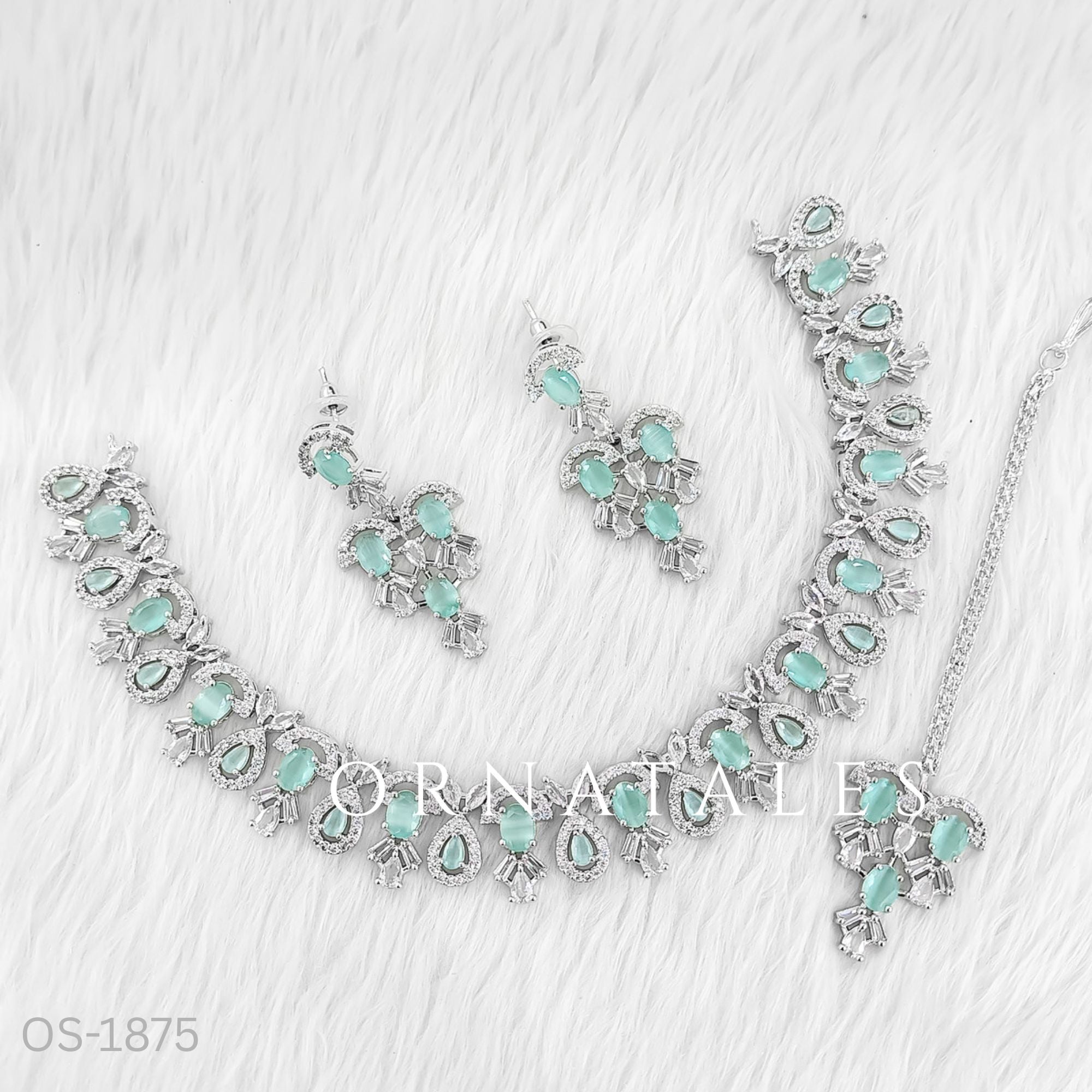Mint Diamond Cut Bridal Necklace Set with oval cluster design, matching earrings & tikli – festive & wedding jewellery – Ornatales