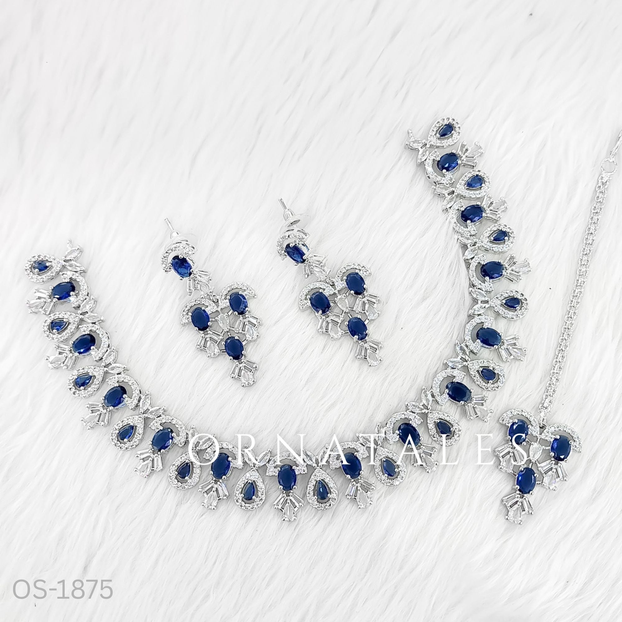 Royal Blue Diamond Cut Bridal Necklace Set with oval cluster design, matching earrings & tikli – festive & wedding jewellery – Ornatales