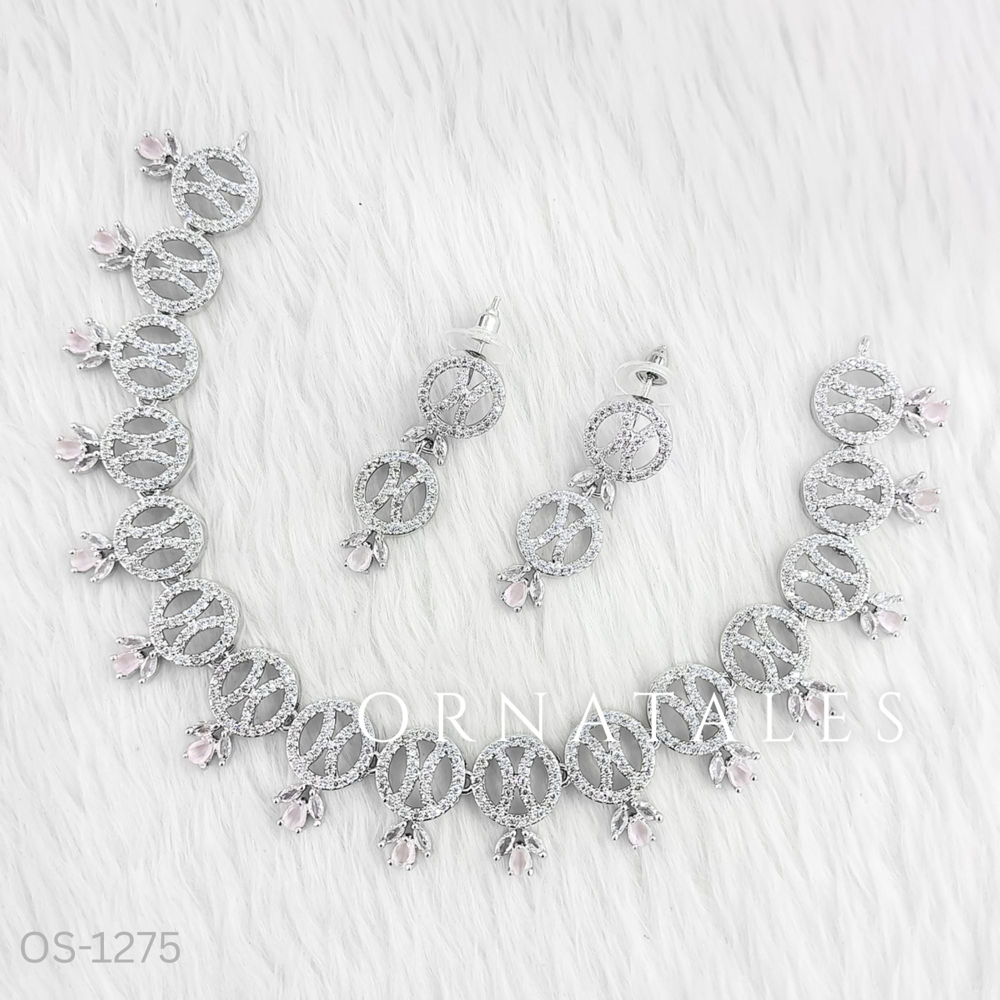 Pink Diamond Cut Necklace Set with interlinked round loops and pink droplet stones – elegant jewellery with matching earrings – Ornatales