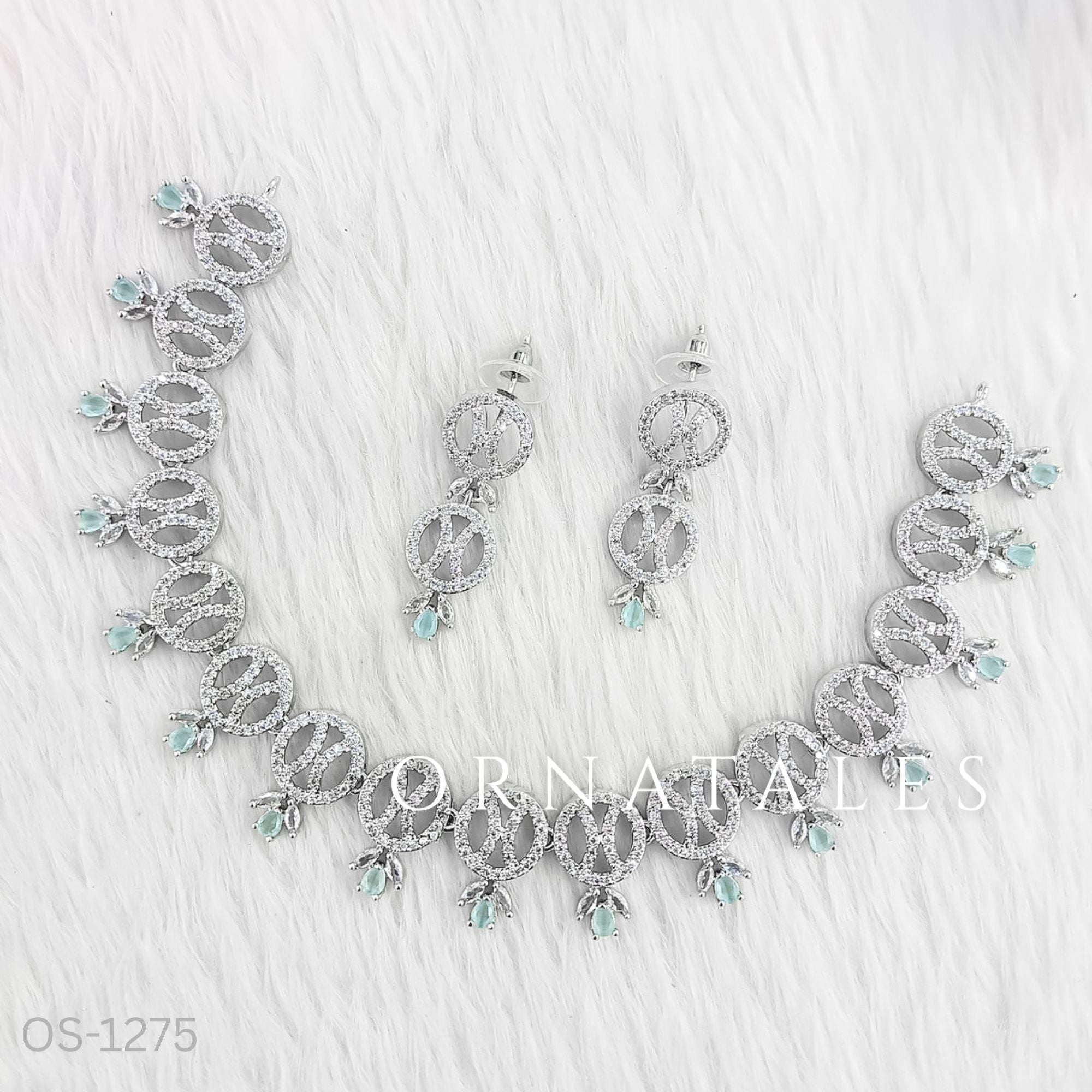 Mint Diamond Cut Necklace Set with interlinked round loops and droplet stones – elegant jewellery with matching earrings – Ornatales