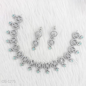 Mint Diamond Cut Necklace Set with interlinked round loops and droplet stones – elegant jewellery with matching earrings – Ornatales