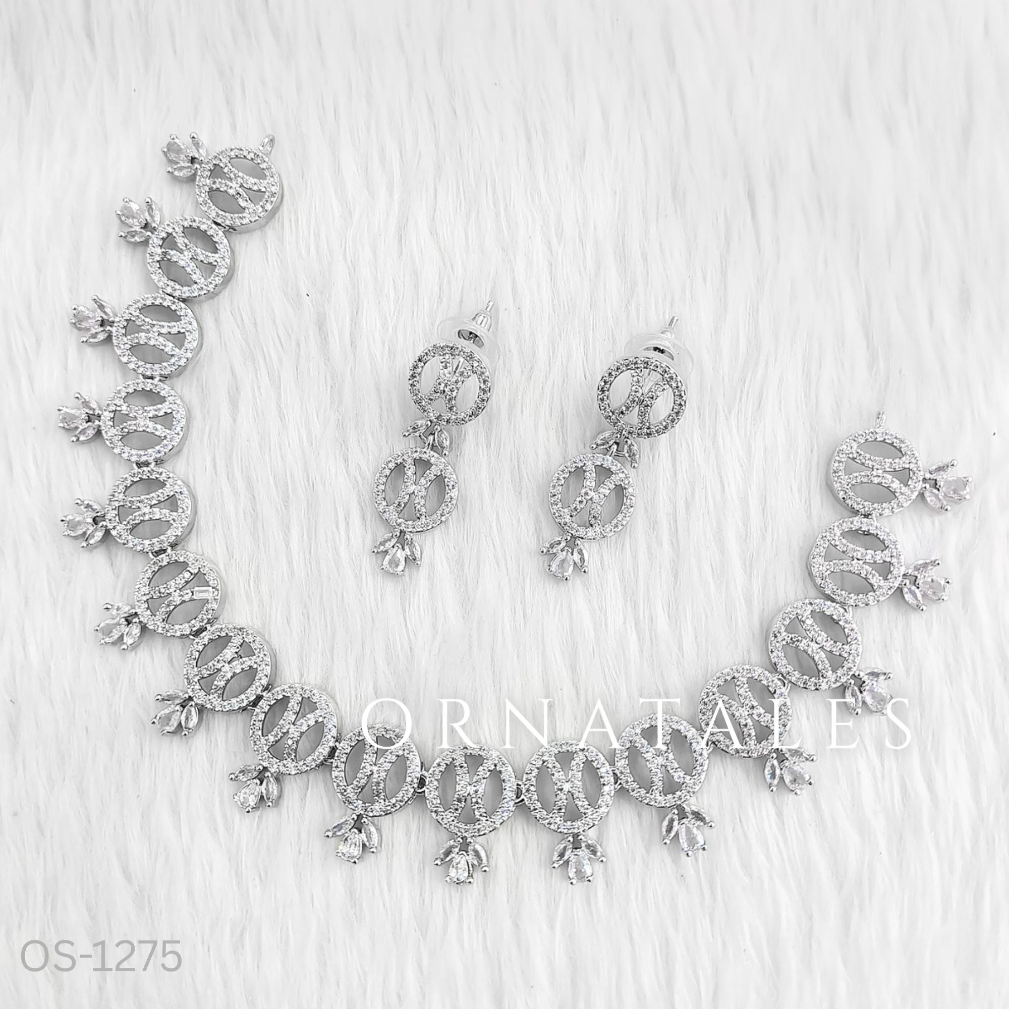 Crystal White Diamond Cut Necklace Set with interlinked round loops, droplet stones, and matching earrings – festive & wedding jewellery – Ornatales