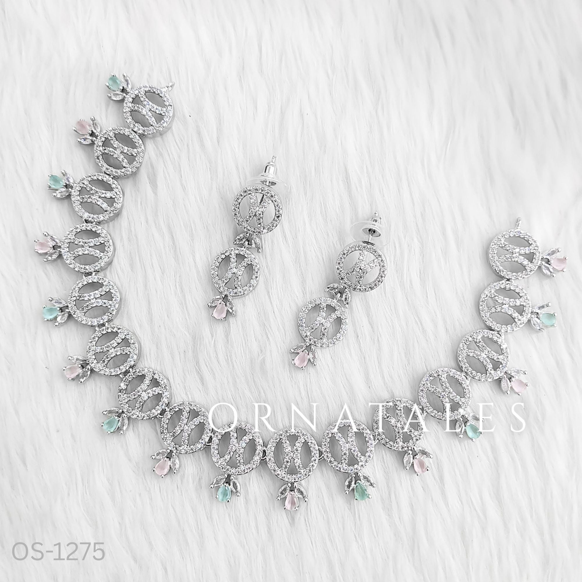 Pink & Mint Diamond Cut Necklace Set with interlinked loops and droplet stones – bridal and festive jewellery with matching earrings – Ornatales