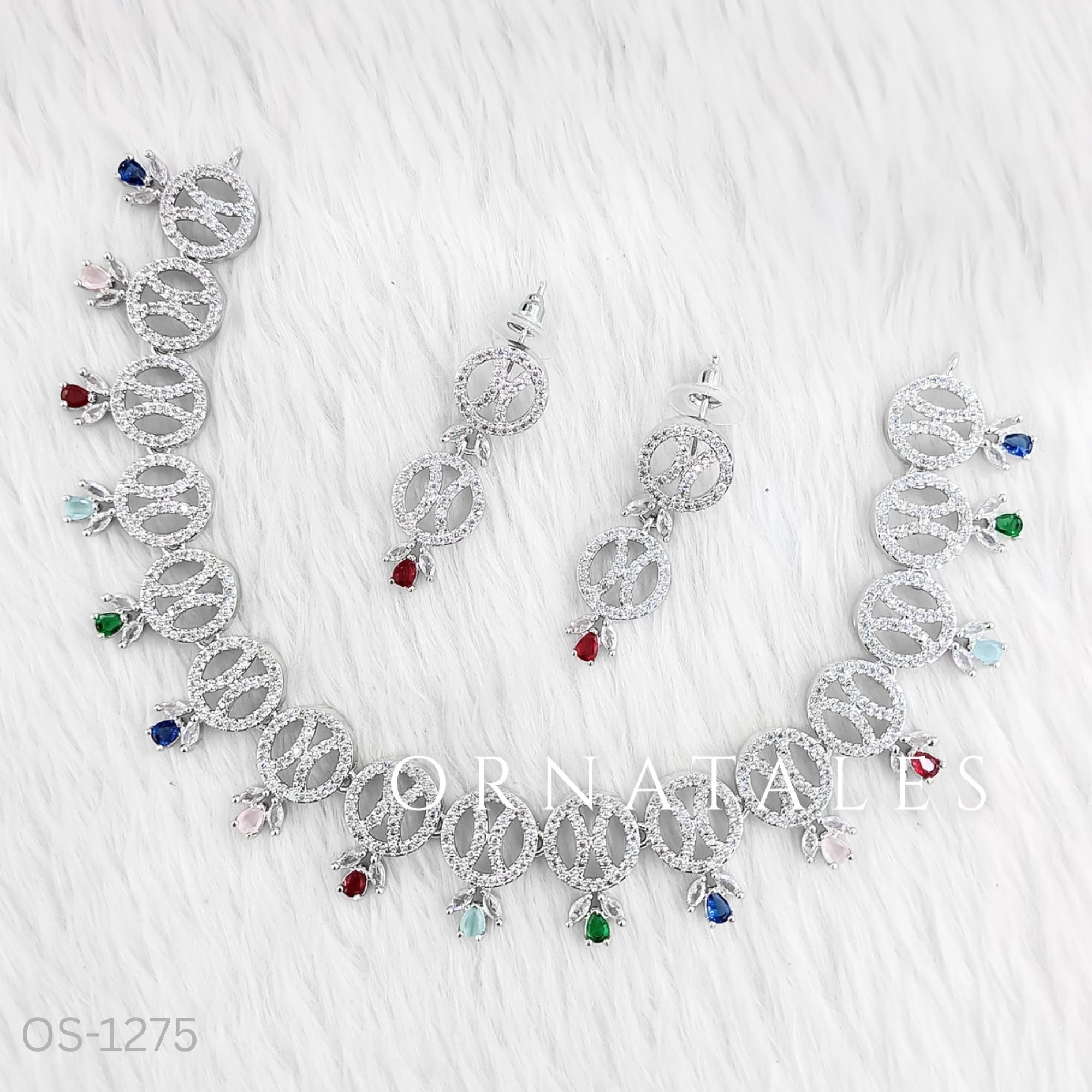 Multicolor Diamond Cut Necklace Set with interlinked round loops and droplet stones – festive jewellery with matching earrings – Ornatales