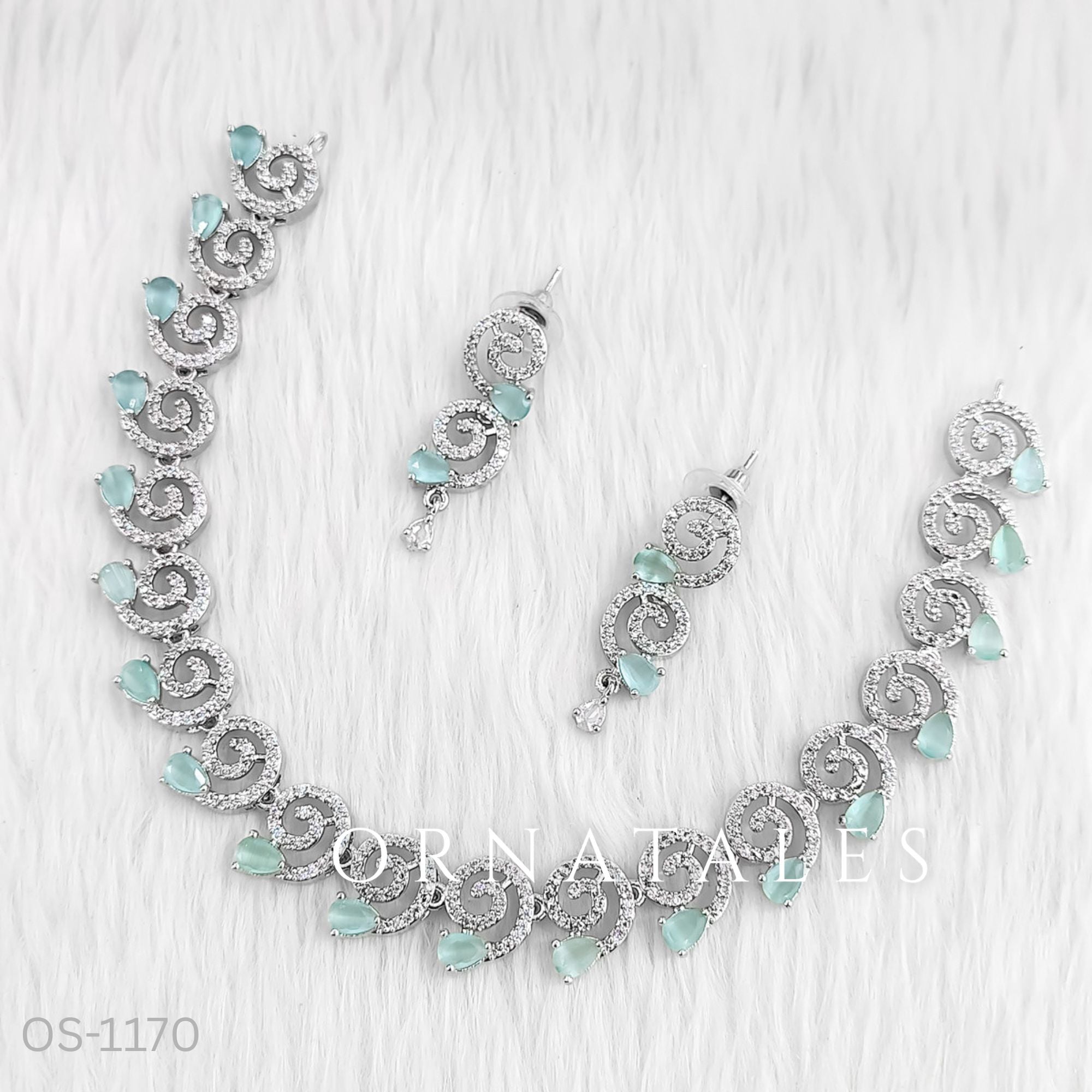 Mint Diamond Cut Spiral Necklace Set with droplet stones and matching earrings – elegant swirl design – Ornatales