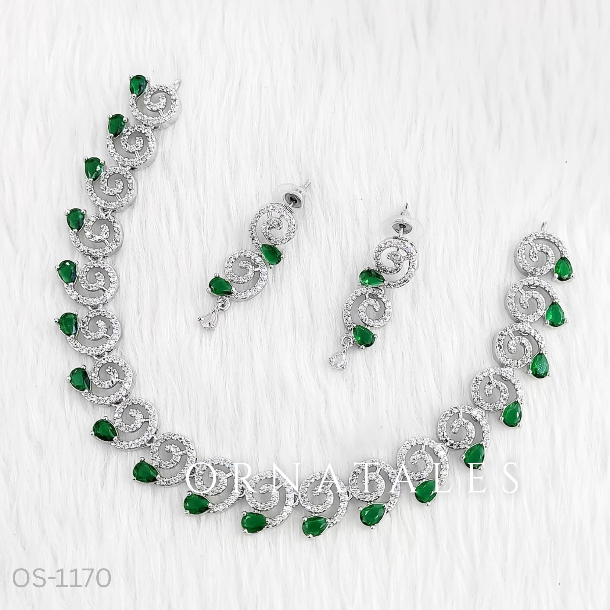 Emerald Green Diamond Cut Spiral Necklace Set with droplet stones and matching earrings – elegant swirl design – Ornatales