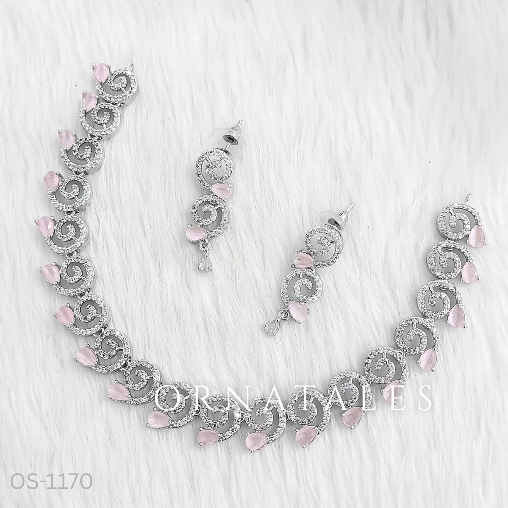 Pink Diamond Cut Spiral Necklace Set with droplet stones and matching earrings – elegant twirl design – Ornatales