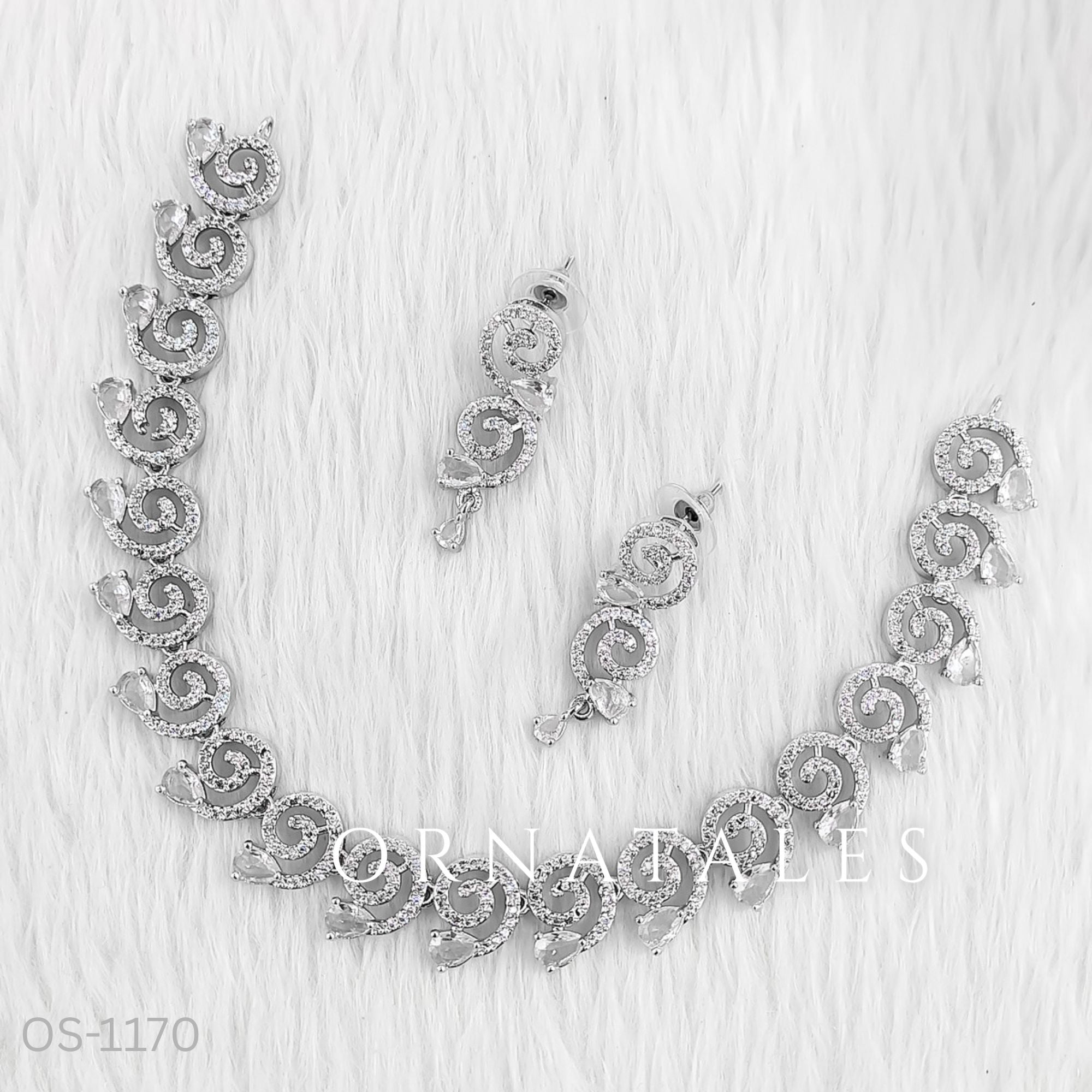 Crystal White Diamond Cut Spiral Necklace Set with droplet stones and matching earrings – elegant swirl design – Ornatales