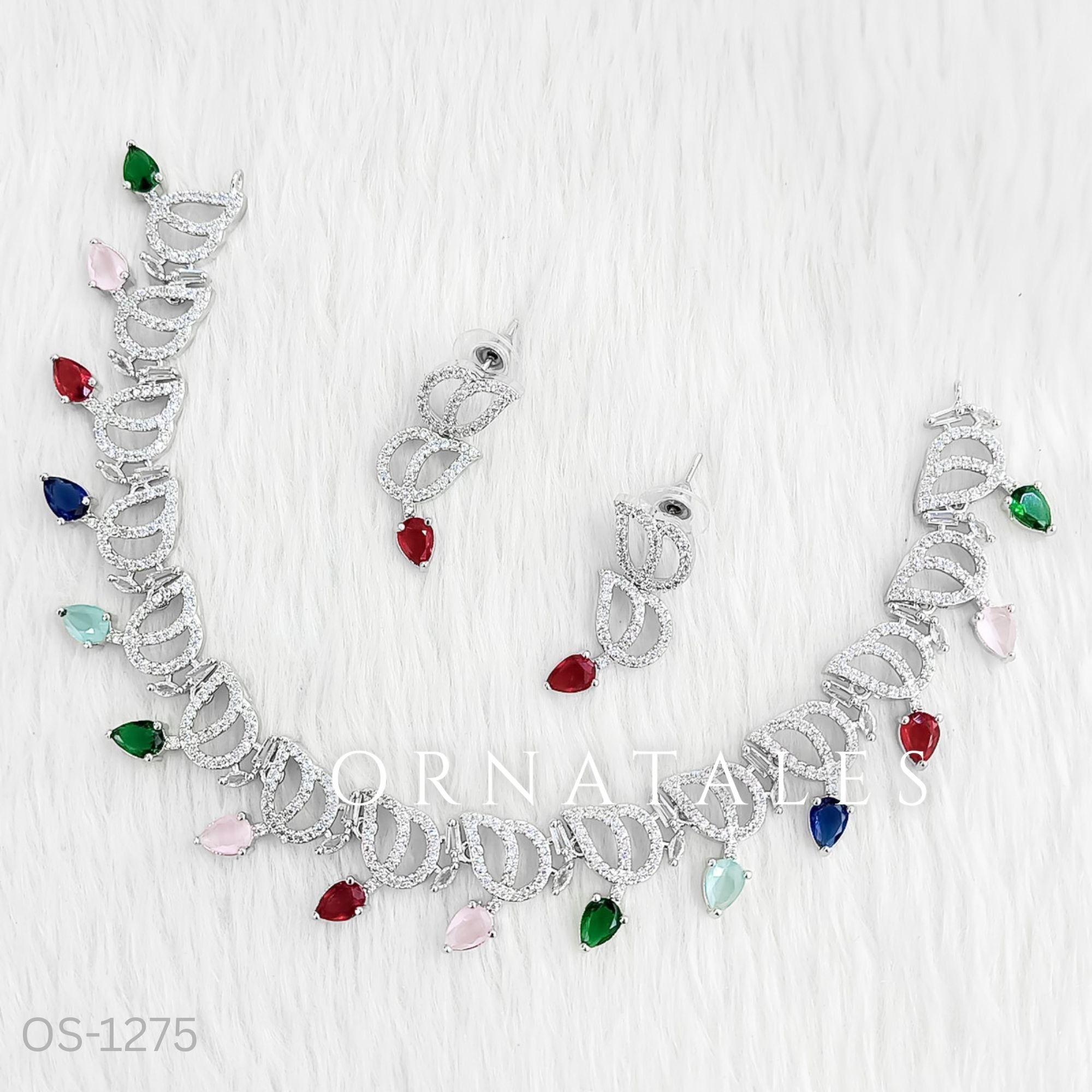 Multicolor Diamond Cut Necklace Set with wave-like looping structure and droplet stones – matching earrings – Ornatales