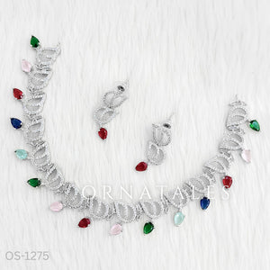 Multicolor Diamond Cut Necklace Set with wave-like looping structure and droplet stones – matching earrings – Ornatales