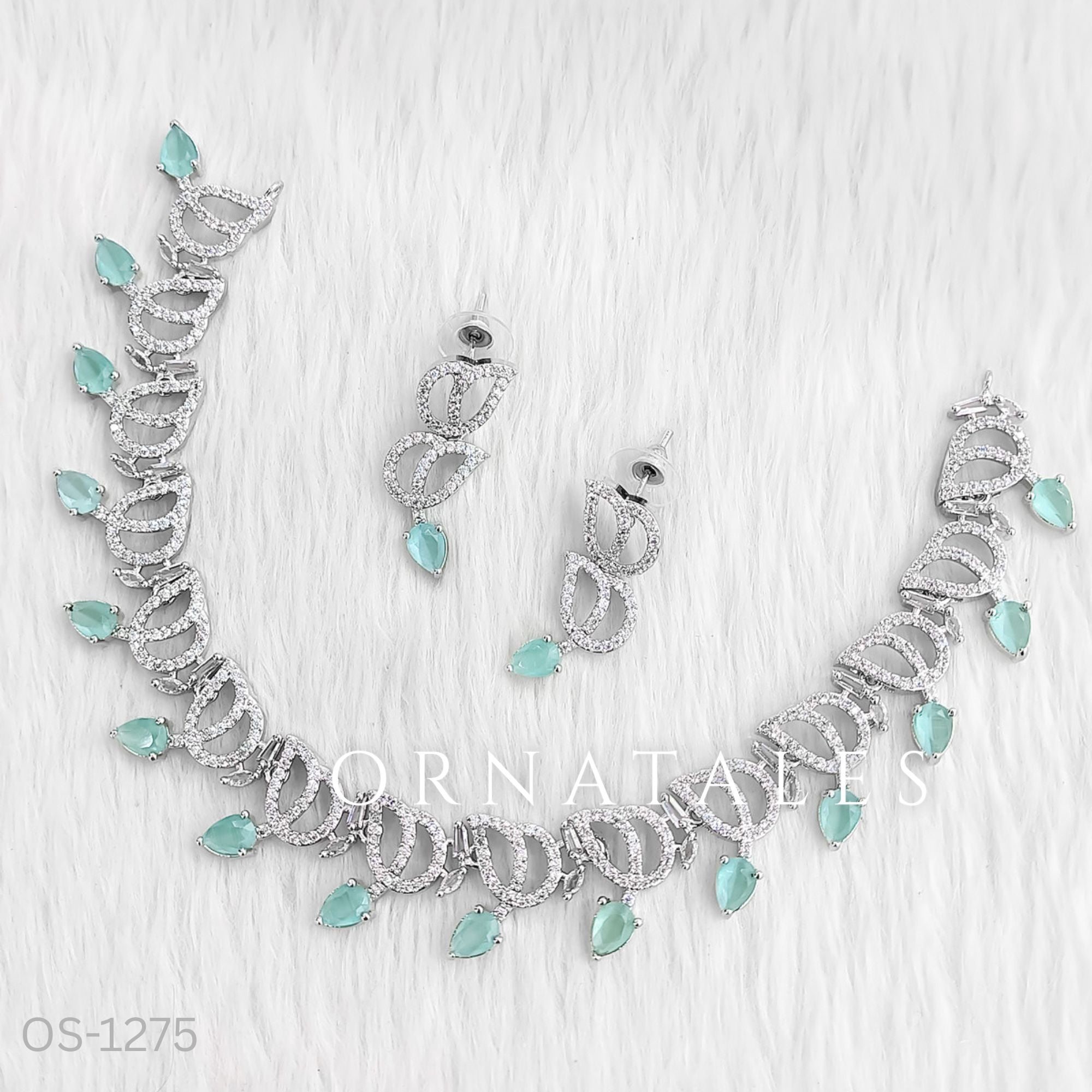 Mint Diamond Cut Necklace Set with wave-like looping structure and droplet stones – matching earrings – Ornatales