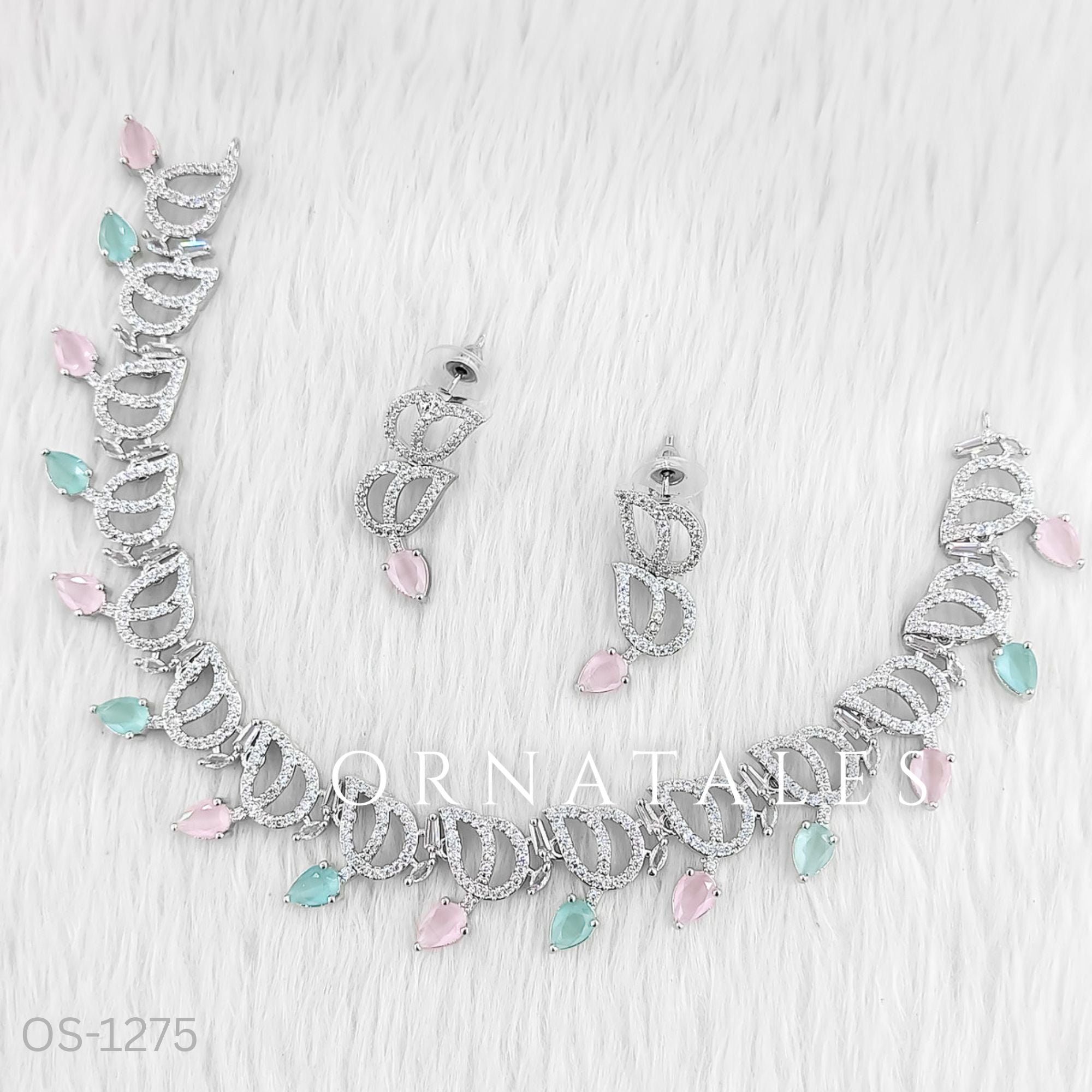 Pink & Mint DiamondCut Necklace Set with wave-like looping structure and droplet stones – matching earrings – Ornatales