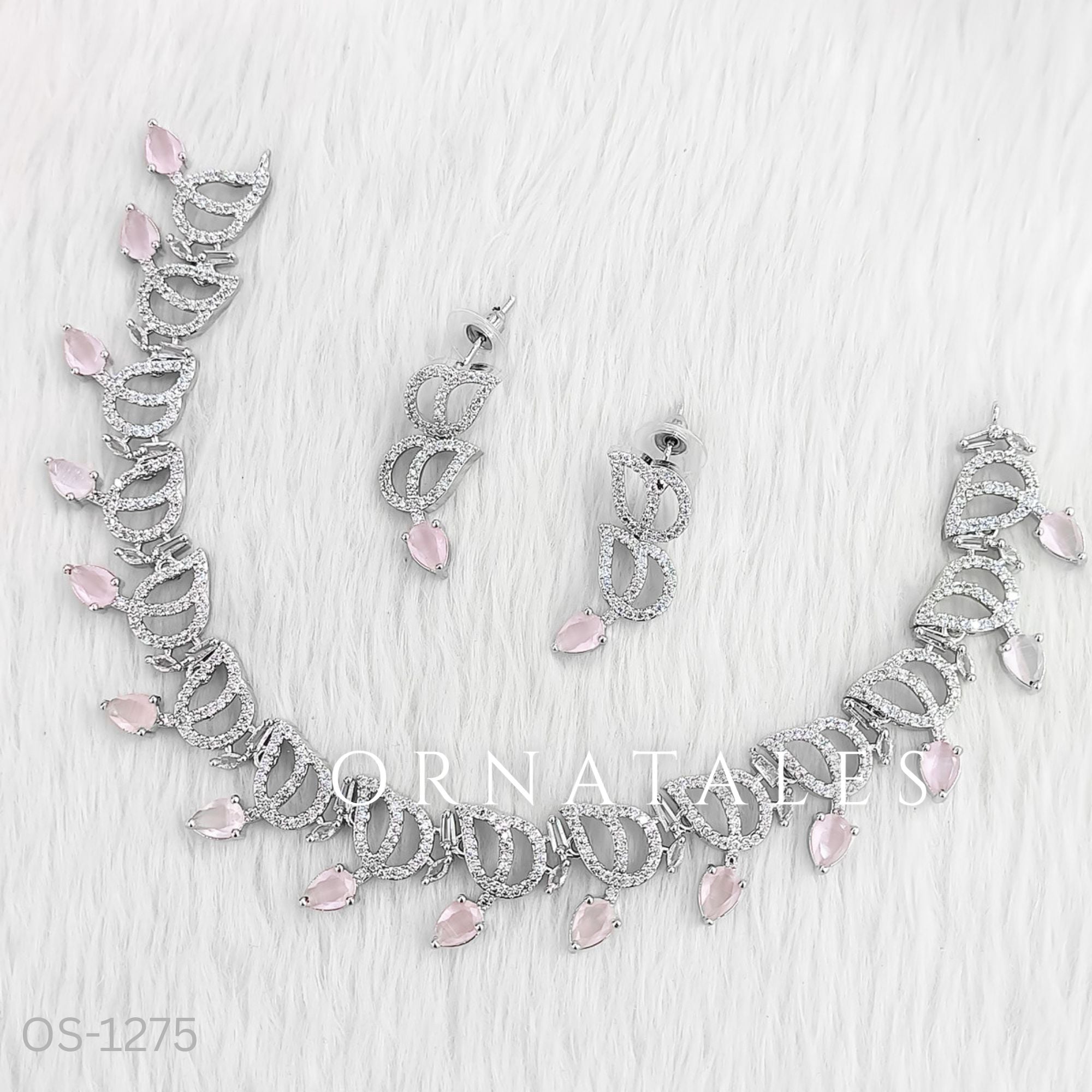 Pink Diamond Cut Necklace Set with wave-like looping structure and droplet stones – matching earrings – Ornatales