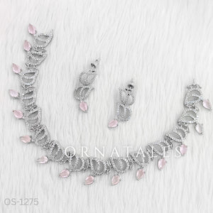 Pink Diamond Cut Necklace Set with wave-like looping structure and droplet stones – matching earrings – Ornatales