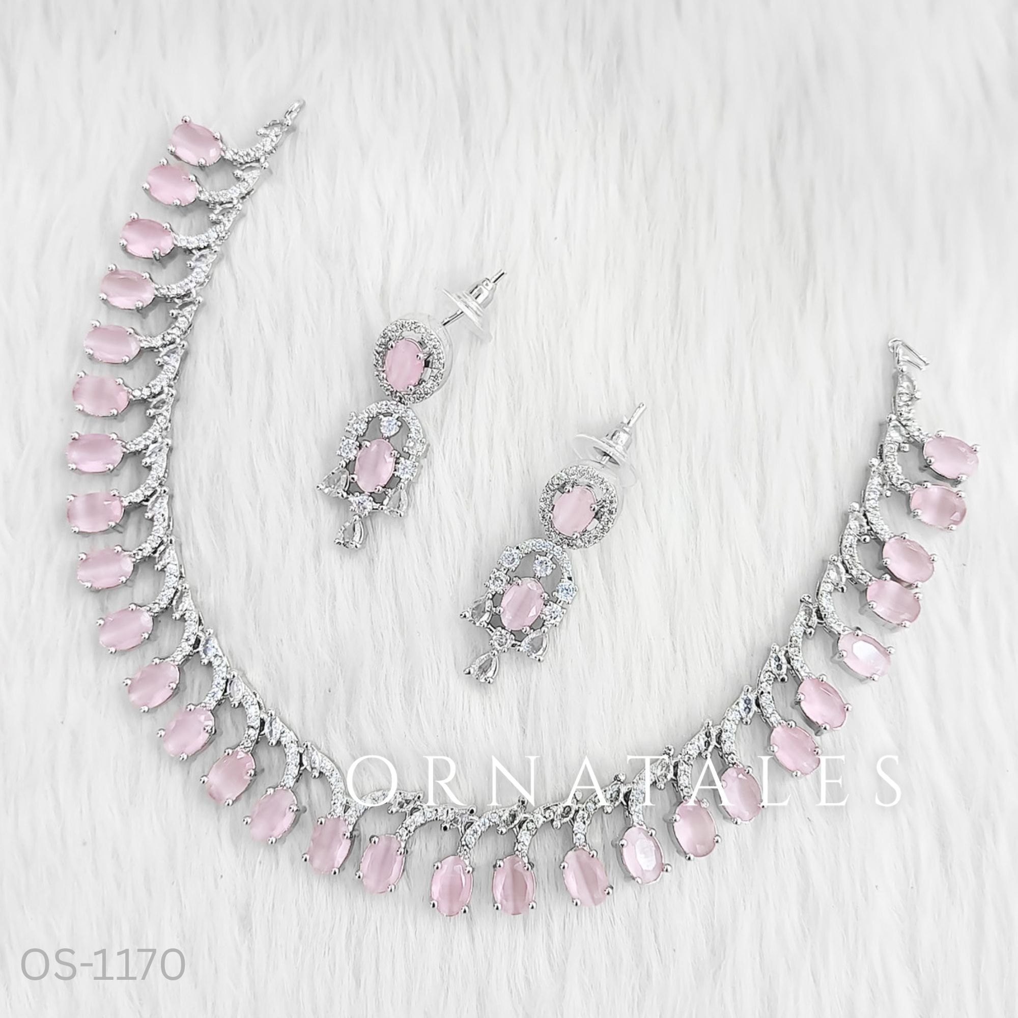 Pink Diamond Cut Necklace Set with linear alternated oval and round stones – matching earrings – Ornatales