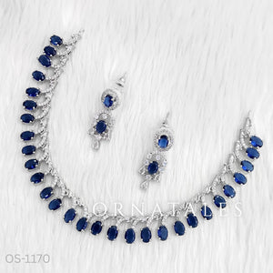 Royal Blue Diamond Cut Necklace Set with linear alternated oval and round stones – matching earrings – Ornatales