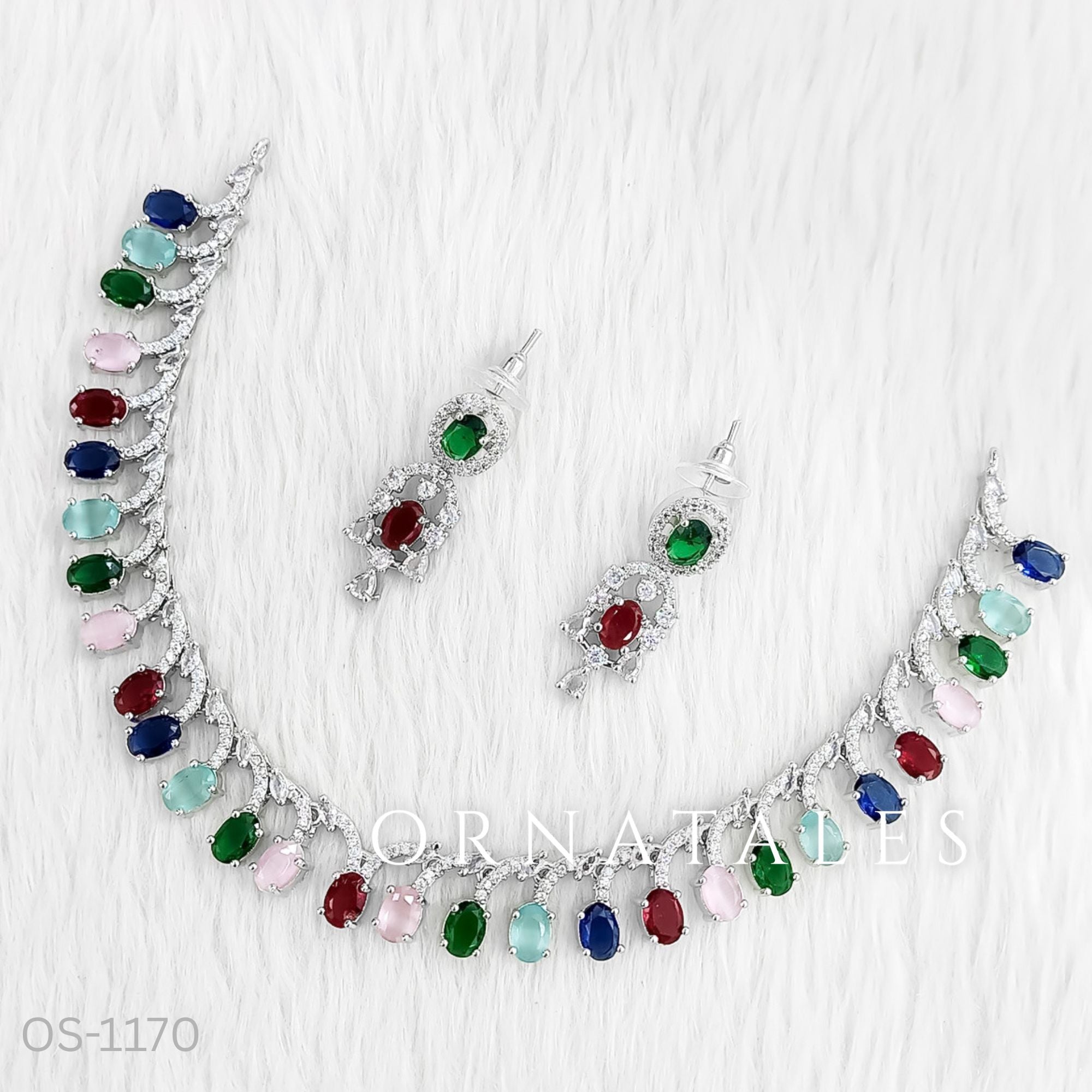 Multicolor Diamond Cut Necklace Set with linear alternated oval and round stones – matching earrings – Ornatales