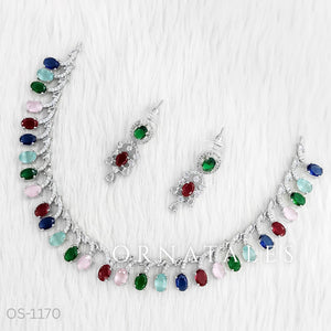 Multicolor Diamond Cut Necklace Set with linear alternated oval and round stones – matching earrings – Ornatales